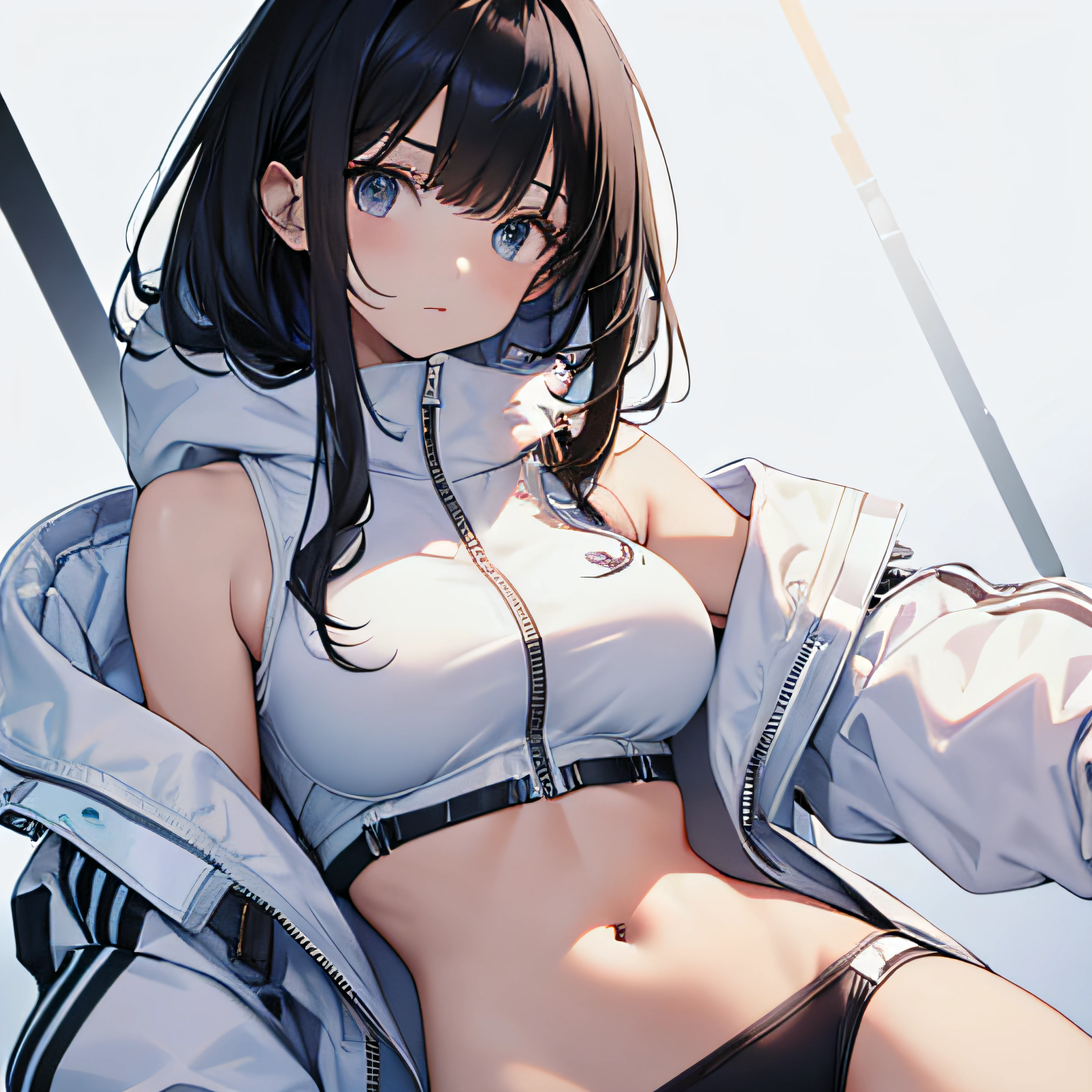 Woman in white zip up hoodie、shoulder-length black hair、(One Woman:1.2)、Meek、Navel Ejection、top-quality
