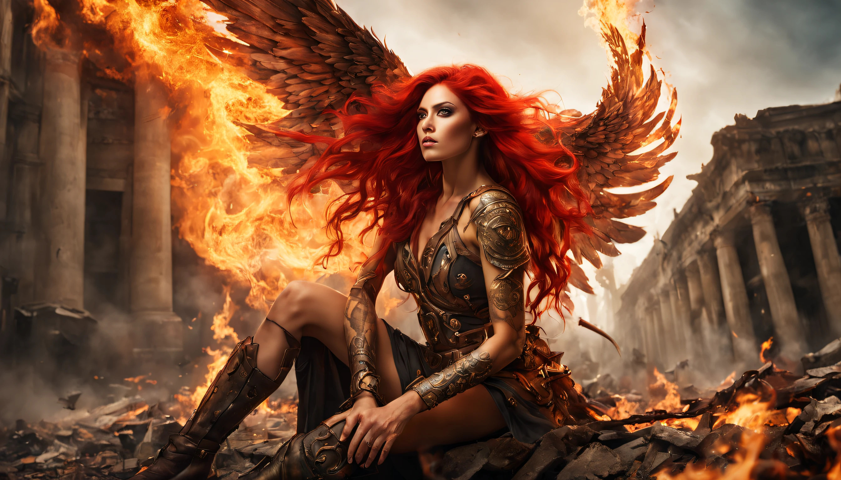 (Highly detailed RAW color Photo, photorealistic, ultra high res) (((fullbody shot))) of Mighty, attractive and provocative warrior fallen archangel woman tattoed, with Mighty, attractive and provocative and huge wings in motion, long red hair in motion by air, From the eyes come out the red flames of the fire, smile, provocative short light war armor, sitting on the ruins streets of apocaliptic city in war, glorious and apocalyptic atmosphere, smoke and fire, combat position, grim extension, proud look that reflects the upcoming battle, fumes of war, superhumous strength, biblical light, Mighty, (((attractive and provocative pose))).