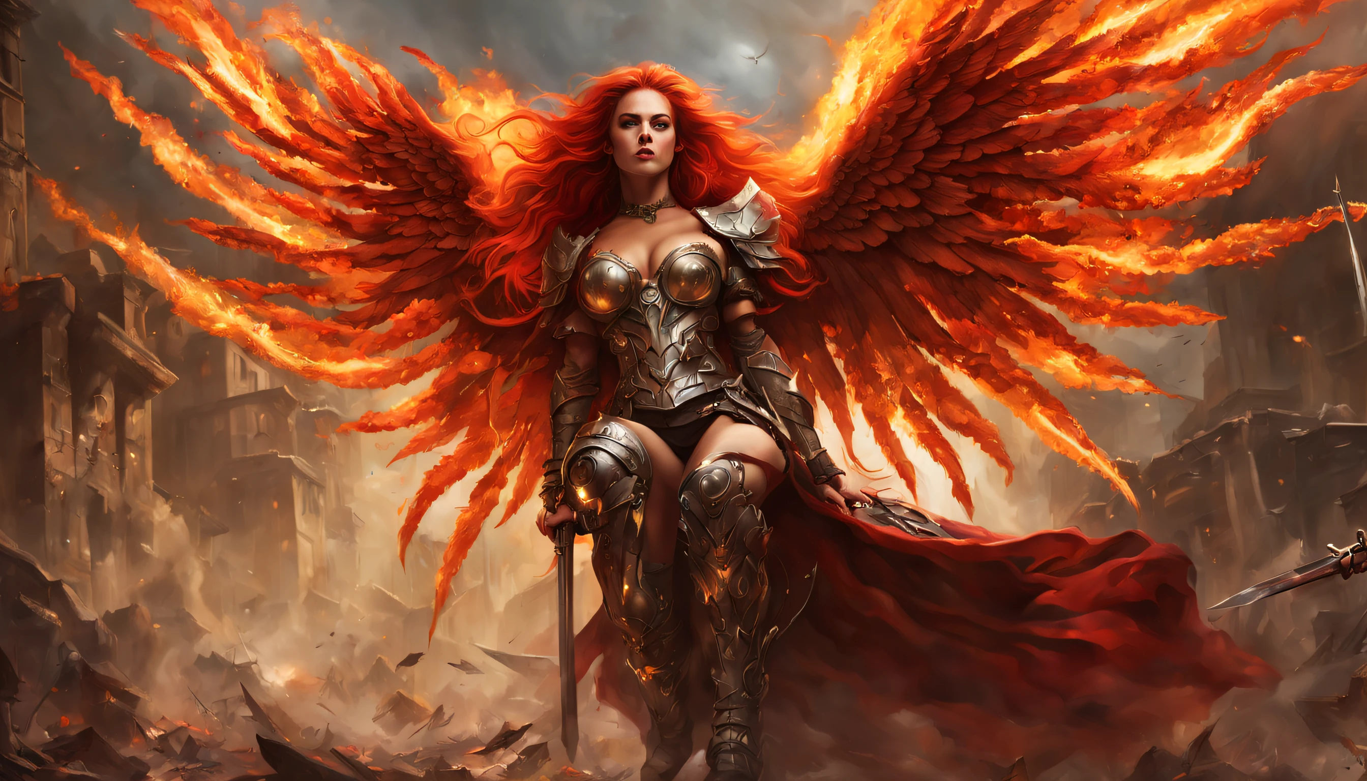 (Highly detailed RAW color Photo, photorealistic, ultra high res) (((fullbody shot))) of  Mighty, attractive and provocative warrior fallen archangel woman tattoed, with Mighty, attractive and provocative and huge wings in motion, long red hair in motion by air, From the eyes come out the red flames of the fire, smile, provocative short light war armor, sitting on the ruins streets of apocaliptic city in war, glorious and apocalyptic atmosphere, smoke and fire,  combat position, grim extension, proud look that reflects the upcoming battle, fumes of war, superhumous strength, biblical light, Mighty, (((attractive and provocative pose))).
