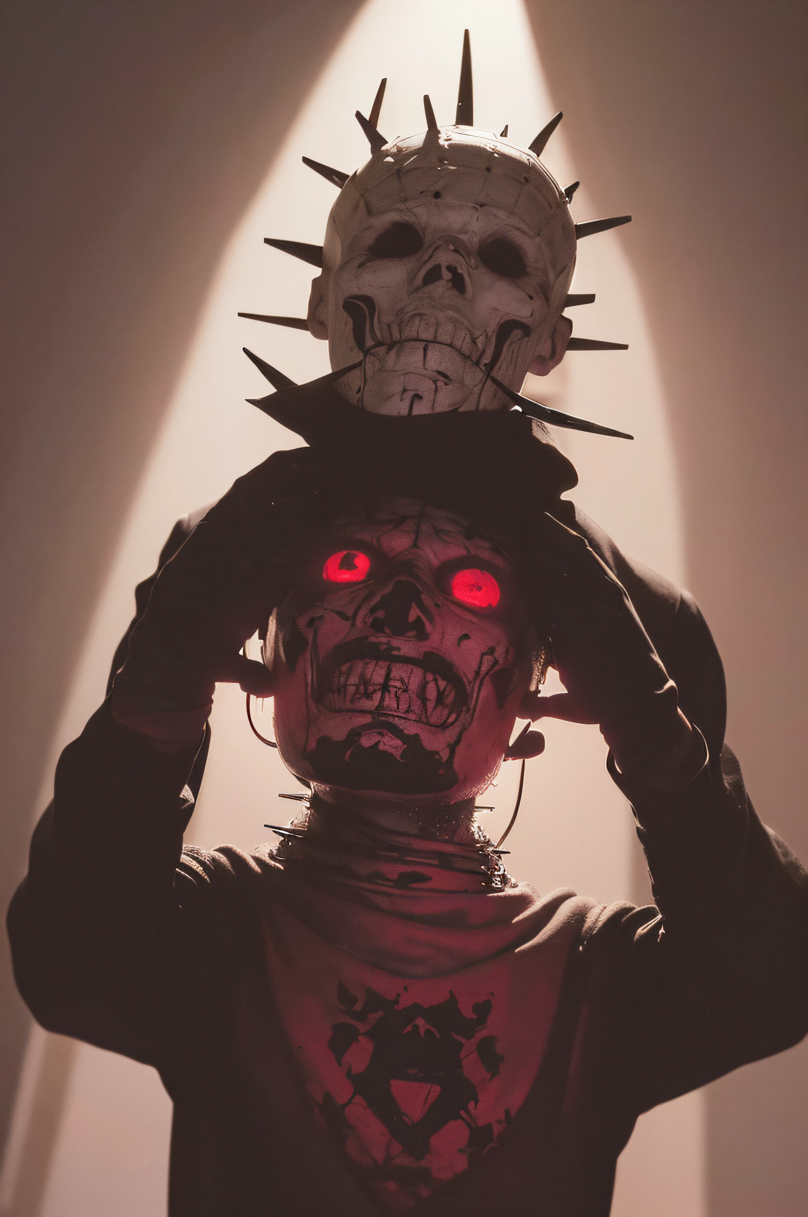 "(The best lighting, oscuro, dramatic),(feto calavera alien, Hellraiser, Cicatrices, , sexy, cerebro, sangre, una rata dentro de la cabeza, terror.),(ojos rojos, calaveras). morning light.