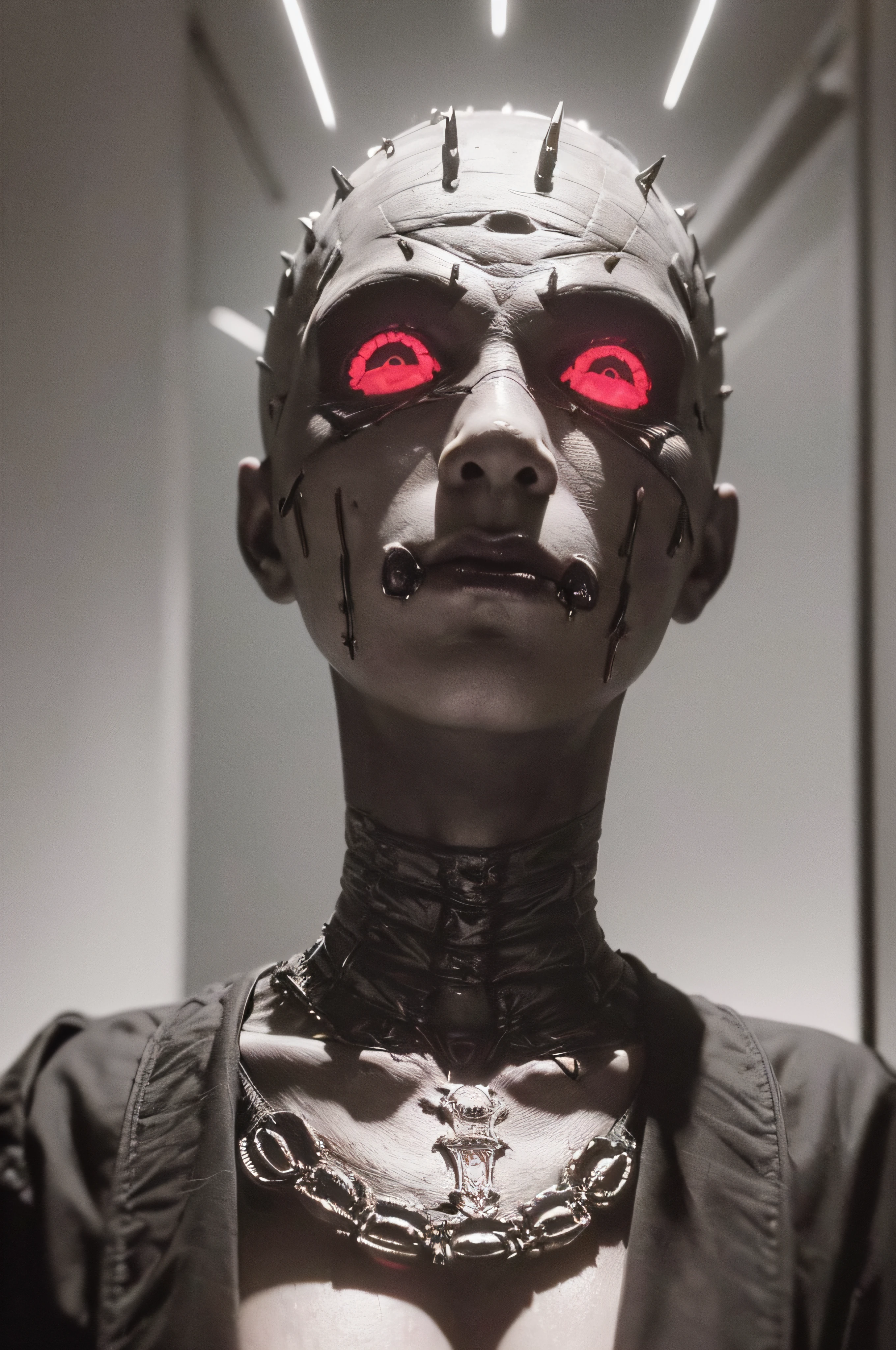 "(The best lighting, oscuro, dramatic),(feto calavera alien, Hellraiser, Cicatrices, , sexy, cerebro, sangre, una rata dentro de la cabeza, terror.),(ojos rojos, calaveras). morning light.