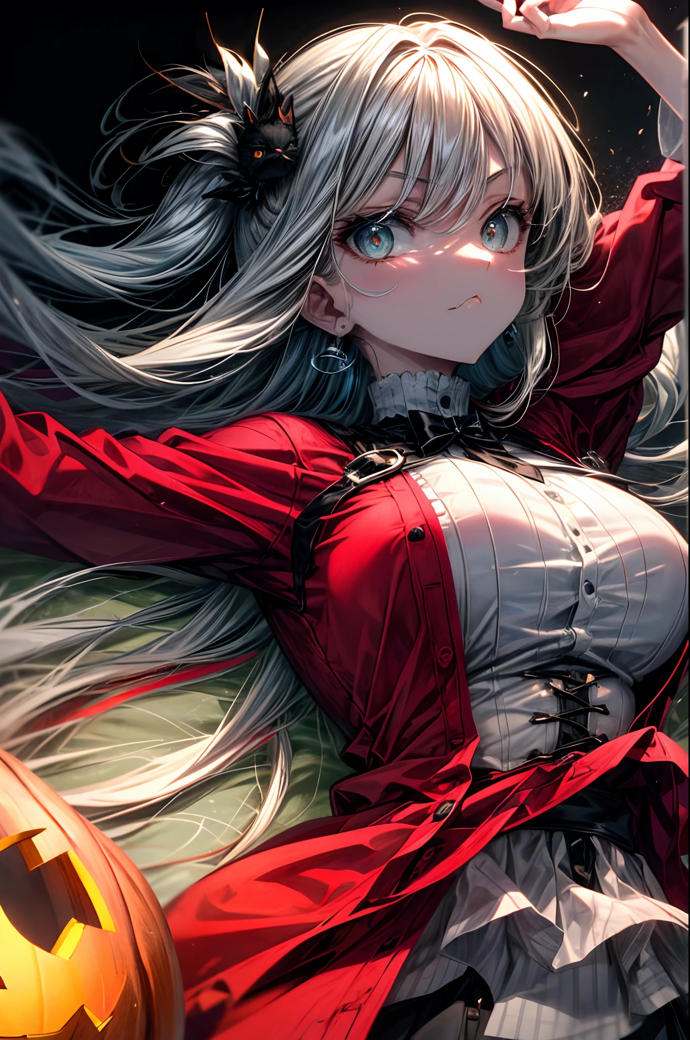 flat color, gradient eyes,
1girl, bangs, blue_eyes, breasts, closed_mouth, halloween, jack-o'-lantern, large_breasts, long_hair, long_sleeves, looking_at_viewer, lying, on_back, pumpkin, shirt, solo, upper_body, white_hair, white_shirt
((cat-like mouth, smug)),