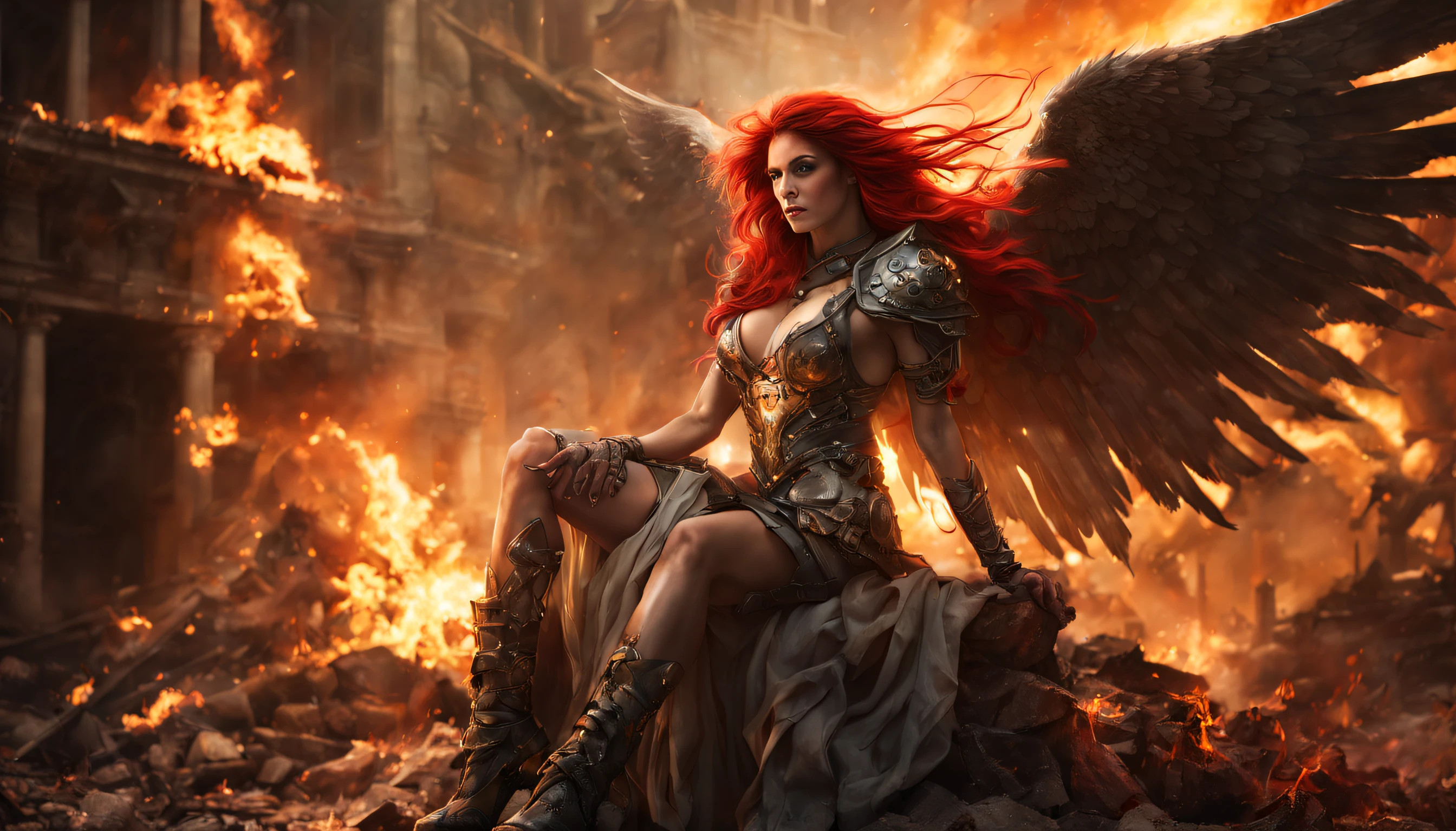 (Highly detailed RAW color Photo, photorealistic, ultra high res) (((fullbody shot))) of Mighty, attractive and provocative warrior fallen archangel woman tattoed, with Mighty, attractive and provocative and huge wings in motion, long red hair in motion by air, From the eyes come out the red flames of the fire, smile, provocative short light war armor, sitting on the ruins streets of apocaliptic city in war, glorious and apocalyptic atmosphere, smoke and fire, combat position, grim extension, proud look that reflects the upcoming battle, fumes of war, superhumous strength, biblical light, Mighty, (((attractive and provocative pose))).