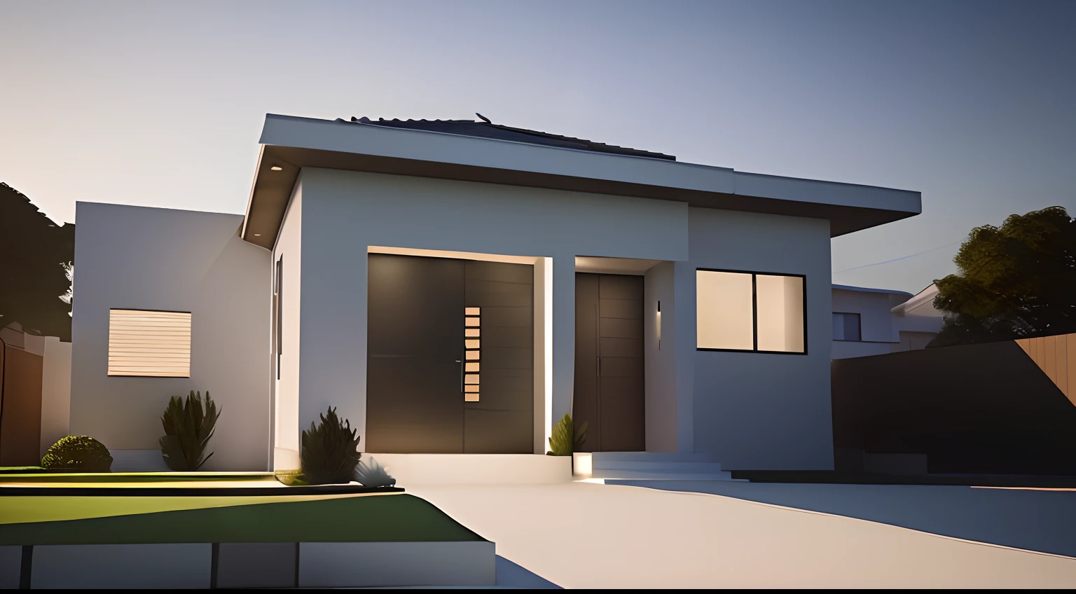 There is a white house with a black door and a green lawn, renderizado no lumion pro, lumion rendering, high-quality render, luxcore render, renderizado em lumion, Symmetrical front, lumion rendering, 3D-rendering, 3D rendering, architectural 3 d render, architectural visualisation, Photorealistic rendering, design exterior, casa contemporanea, architectural render, renderizado