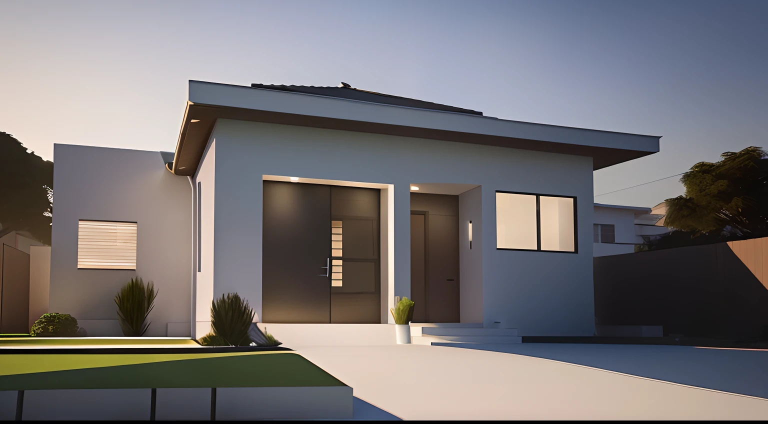 There is a white house with a black door and a green lawn, renderizado no lumion pro, lumion rendering, high-quality render, luxcore render, renderizado em lumion, Symmetrical front, lumion rendering, 3D-rendering, 3D rendering, architectural 3 d render, architectural visualisation, Photorealistic rendering, design exterior, casa contemporanea, architectural render, renderizado