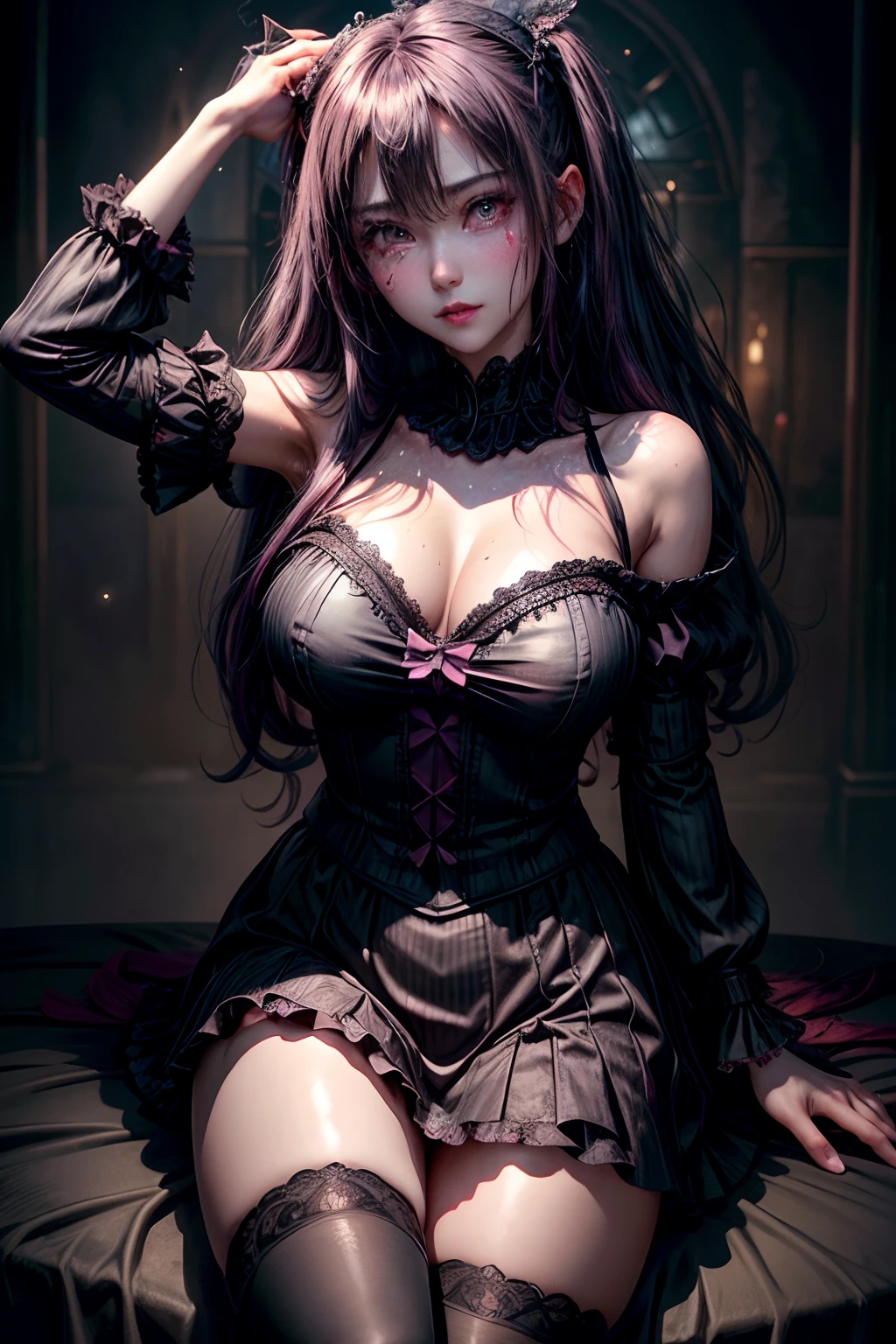 A sexy、A slight smil、garterbelts、knee high socks、panthyhose、Beautifying the world、Unhappy、Lament my night's fantasy、Transcendent beauty、Beautiful shape、wretched、ghosts、wraiths、Evil Spirit、Beautiful、boredom、Unusual beauty、Bewitching、Fornication、Hard Dark Gothic Makeup、Maniacal、Deep night sky、horor、twin-tail hair、Black Dark Eyeshadow、slaves、crying how bright、mourn、Sad songs、Good skin luster、Lace pink、Long hair straight hair、Dark Gothic Makeup、Dark smile、Restless Palace、Expressions of sexual arousal、Fragrant beauty、18year old、carriage、Lying、seductiv、 Strong sexual pleasure facial expressions、A look of shame、open the legs widely、Dark Gothic、Gothic ta、Dark purple hair、masturbation、bell sleeves、Wizard Sleeve、Obscene look、Stained glass background、masutepiece、Best Quality、Ultra-detailed、Refers to 5 books、Sweat glitters on my chest、Glitter of sweat on your face、Massive sweat glitter on the thighs、Expression of sexual pleasure in anguish、Sweating profusely、Quite an inebriated face、maid clothes、Gothic Long Dress、Black ruffled skirt、Apply blush on cheeks、Pink atmosphere、Pink hair、bewitching poses、Nasty poses、