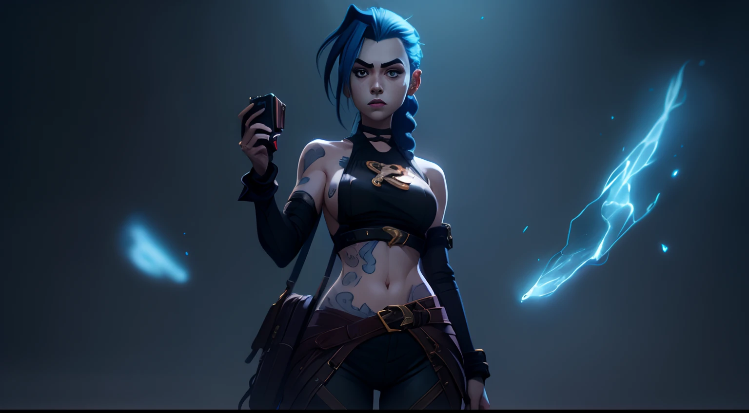 Jinx's character design, sexypose, Erotica, bare breast, teats, Beautiful figure,  butt, kitty, Arcane's Jinx, Holding a sparkling and glowing box in his hands, Bright blue and purple sparks all around, glowing eyes, Pink glowing eyes, hairlong, hairsh, braided into long braids, Pigtails hang below the knee, Hair color changes from bright blue to navy blue, Dressed in brown breeches, Leather boots on the feet, Top with four gold circles on the chest in the middle of the chest, Blue cloud tattoos on shoulders and waist, Long bangs, hanging on the right side, Belt with cartridges on the belt, A pistol in a holster on his left leg, Arcane style, extremely detailed CG unity 8k wallpaper, detailed light, Cinematic lighting, chromatic aberration, glittering, expressionless, epic composition, dark in the background, Cherecter Desing, Very detailed, Detailed body, Vibrants, Detailed Face, sharp-focus, anime art, Vibrants, Detailed Face, Hugh Details, sharp-focus, Very drooping face, A detailed eye, super fine illustration, better shadow, finely detail, Beautiful detailed glow, Beautiful detailed, Extremely detailed, expressionless, epic composition,