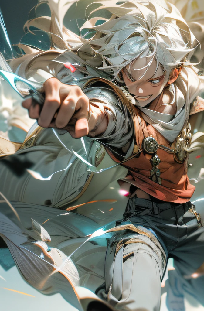 Luffy 1boy with a happy smile, white hair, long hair, flying pose, huge scar in chest, white color, detailed body, top-quality, A high resolution, (reality: 1.4), Forward-facing body, (A hyper-realistic), (high resolution), (8K), (highly detailed), ( Best Illustration), (detailed eyes), (ultra-detailliert), Bright lighting, Professional Lighting, with smoke comes out from his body., lightning in his hand, The background thunder clouds and lightning.