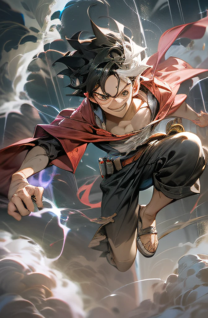 Luffy 1boy with a happy smile, white hair, long hair, flying pose, huge scar in chest, white color, detailed body, top-quality, A high resolution, (reality: 1.4), Forward-facing body, (A hyper-realistic), (high resolution), (8K), (highly detailed), ( Best Illustration), (detailed eyes), (ultra-detailliert), Bright lighting, Professional Lighting, with smoke comes out from his body., lightning in his hand, The background thunder clouds and lightning.