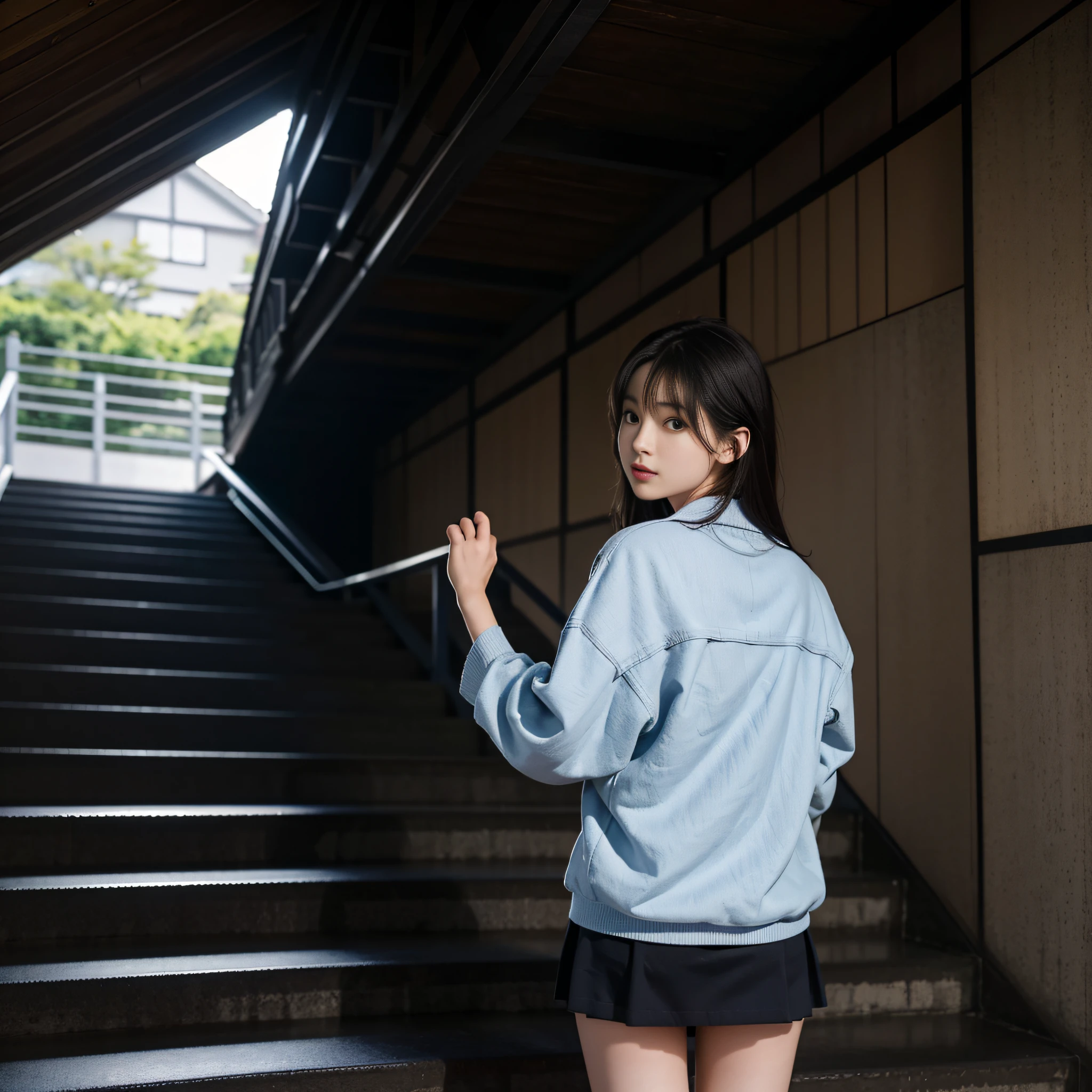 A dark-haired、japanes、校服、a miniskirt、NOWAI、pretty eyes、with his back turned、1 shot、Climbing stairs、I'm turning around and looking at、Viewed from diagonally below、8k、RAW Photography、top-quality、masterpiece、realisitic、Photorealsitic、