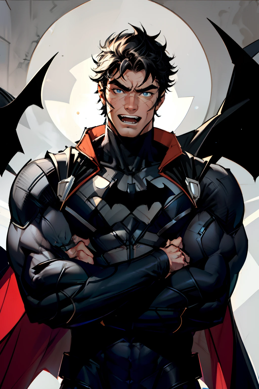 jim lee, 1boy, batman abs, bara, black hair, gray bodysuit, blue eyes, bodysuit, cape, open mouth, crossed arms, large pectorals, male focus, muscular, muscular male, pectoral lift, pectorals, black cape, short hair, simple background, solo, superhero, upper body,flat style , ((masterpiece))