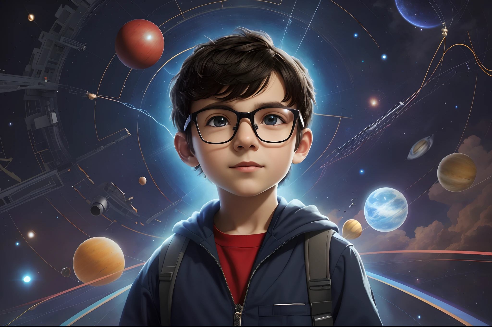 Image of a boy with glasses and backpack standing in front of a space background, arte promocional, arte conceitual do menino solteiro, Wojtek FUS, arte chave, Artista CG, inspirado em Aleksandr Gerasimov, Arte infantil em Artstation, arte renderizada, arte oficial, Directed by: Ludwik Konarzewski Jr