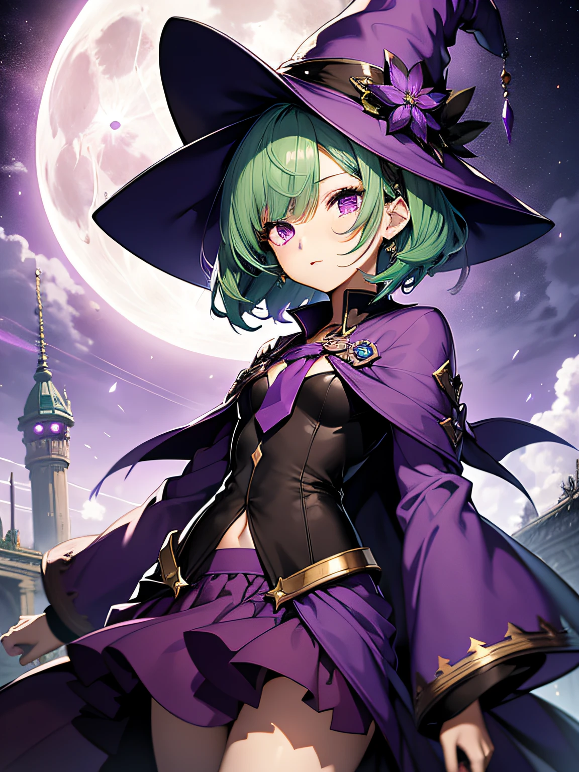 top-quality、extremely delicate and beautiful、(A  girl)、Purple Eye、Green hair、short-haired、(purple witch hat)、Purple tie、Soio、shortsleeves、Purple skirt、Purple Wizard Robe、Navel、is standing、Full moon night on background、Villain side