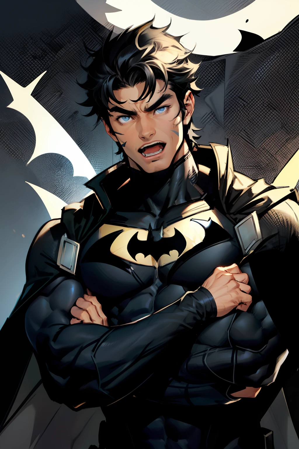 jim lee, 1boy, batman abs, bara, black hair, gray bodysuit, blue eyes, bodysuit, cape, open mouth, crossed arms, large pectorals, male focus, muscular, muscular male, pectoral lift, pectorals, black cape, short hair, simple background, solo, superhero, upper body,flat style , ((masterpiece))