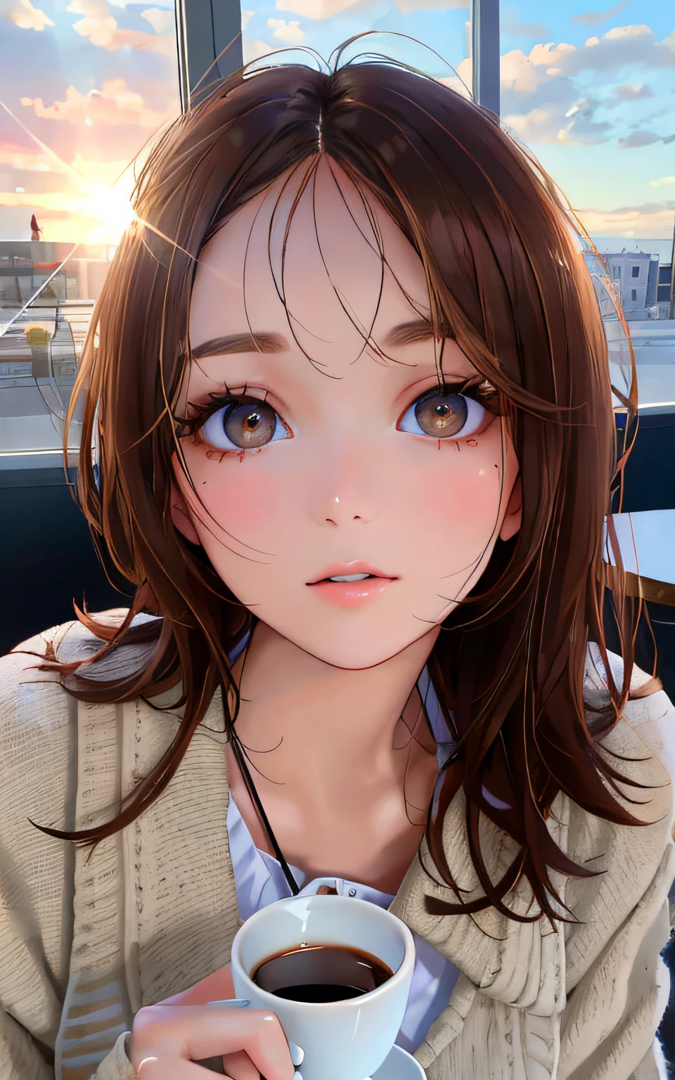 arafed woman holding a cup of coffee in front of a window, portrait sophie mudd, perfectly lit face, perfect face ), gorgeous attractive face, brown hair and large eyes, flawless face, good looking face, 30-year-old french woman, very pretty face, beautiful fine face features, short brown hair and large eyes, perfect detailed face