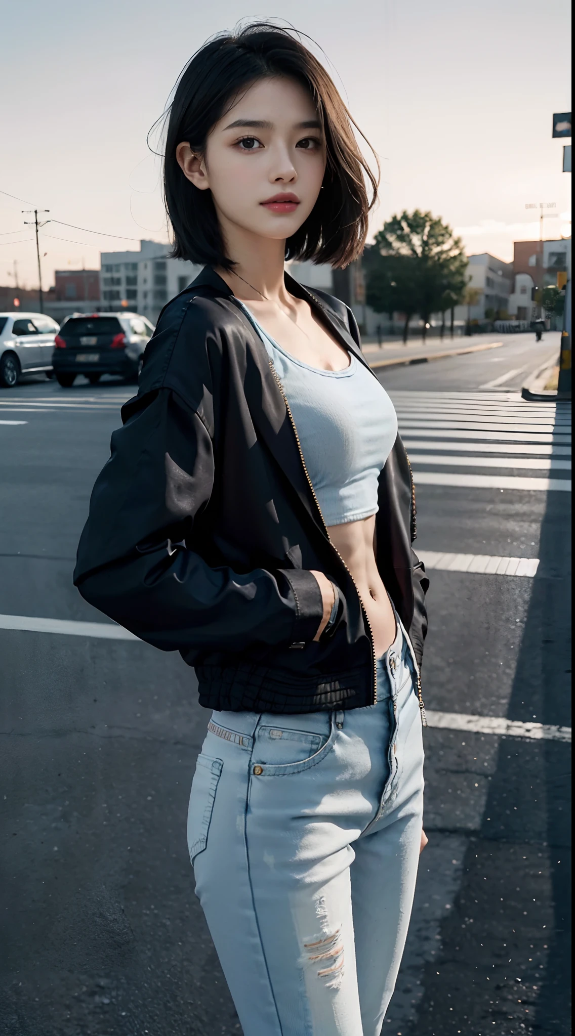 (shoulder length straight short black hair: 1.3), （Extremely meticulous CG 8k wallpaper），（Extremely refined and beautiful），（Masterpiece），（best qualtiy：1.0），（Ultra High Resolution：1.0），beautiful light up，Perfect lightning，realistic shaded，[A high resolution]，Smooth and flawless fair skin，Extremely exquisite facial details，（perfect body：1.1），ultra - detailed，A beautiful girl，small head,(Small breasts:1.1)，Flat chests，slim，thin，Smile，cheerfulness,(black jacket:1.5),(white tank top:1.1),(Light blue long denim pants:1.3),Slender legs,(Black military boots:1.2)Dusk,Sunset light,Close Shot，Surrounded by a crowded crowd，At the school gate，standing,(Well-cut abdominal muscles:1.2)