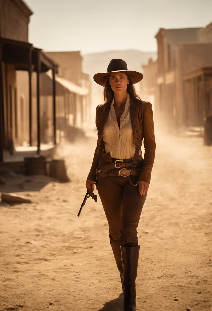 full body female western gunslinger standing in on the main street of a dusty, dirty small town, imposing and menacing presence, blinding sunshine, sharp shadows, dust storm, devil chariots, directed by Sergio Leone cinematic effect