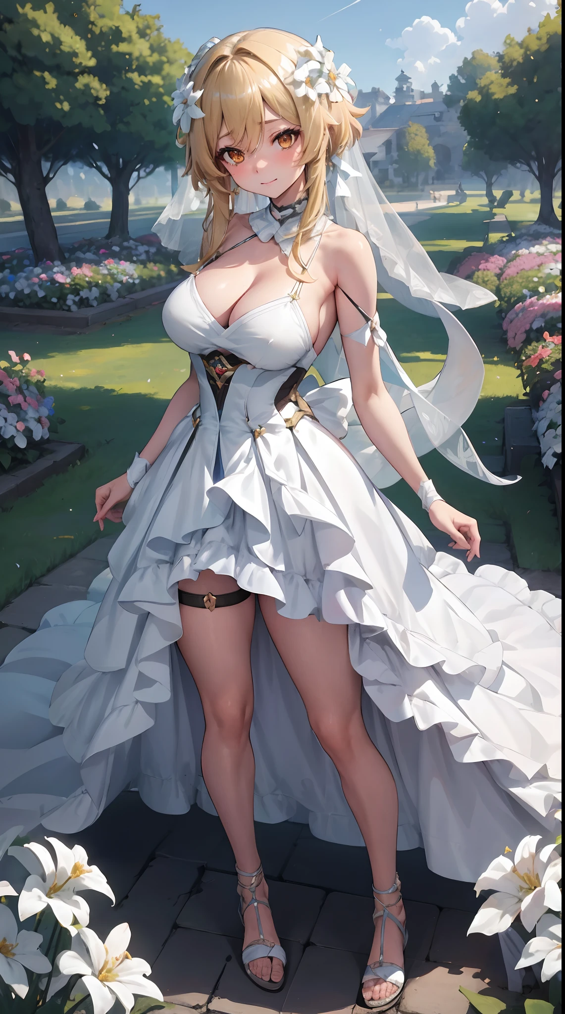 Lumine | genshin impact, master-piece, bestquality, 1girls,25 years old, proportional body, Long silky hair, proportional., Wedding Dresses, White Wedding Dress, wedding, gigantic breasts, ,bara, choker, Standing in the middle of a flower garden, outdoor, The sky is beautiful, arm behind back, View viewers from the front., Thigh strap, Head tilt, bored, 10, 10, HD, slight smile,