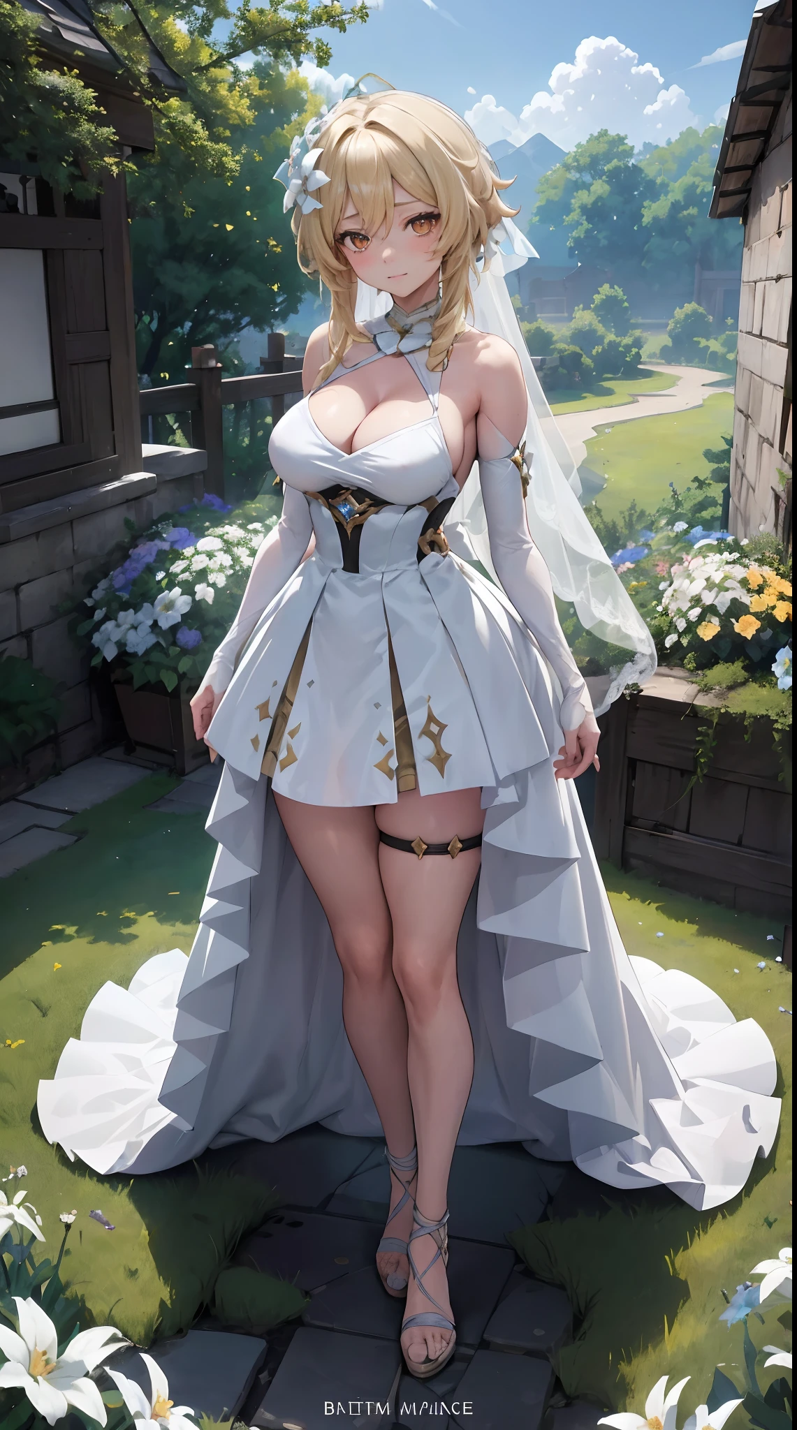 Lumine | genshin impact, master-piece, bestquality, 1girls,25 years old, proportional body, Long silky hair, proportional., Wedding Dresses, White Wedding Dress, wedding, gigantic breasts, ,bara, choker, Standing in the middle of a flower garden, outdoor, The sky is beautiful, arm behind back, View viewers from the front., Thigh strap, Head tilt, bored, 10, 10, HD, slight smile,