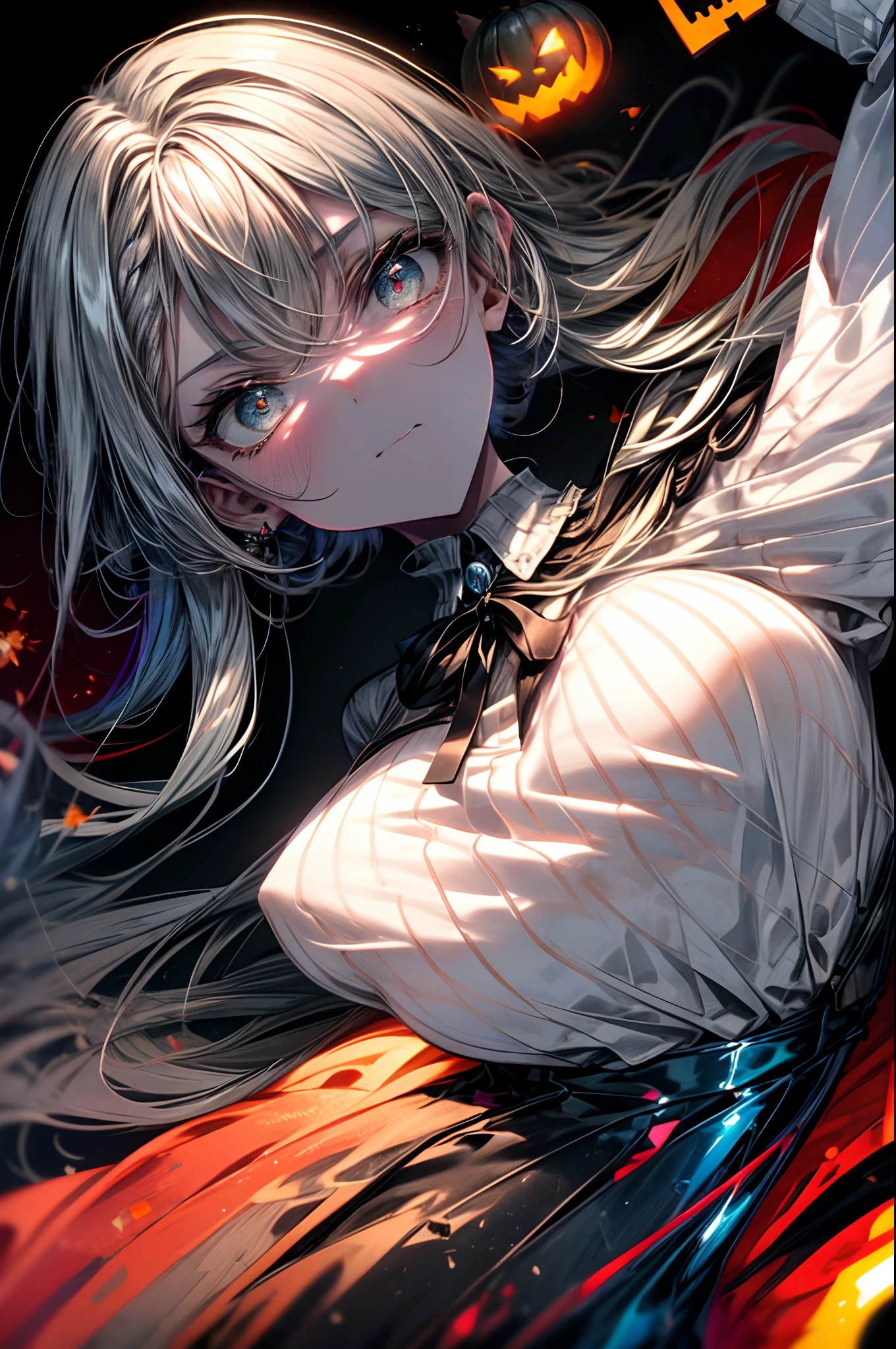 flat color, gradient eyes,
1girl, bangs, blue_eyes, breasts, closed_mouth, halloween, jack-o'-lantern, large_breasts, long_hair, long_sleeves, looking_at_viewer, lying, on_back, pumpkin, shirt, solo, upper_body, white_hair, white_shirt
((cat-like mouth, smug)),