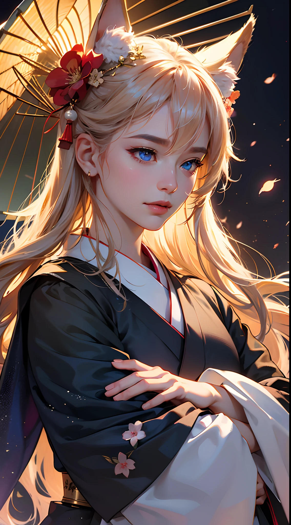 (absurdres, highres, ultra detailed), close-up of face, emphasis on face, focus on face, one woman, mature woman, aged, long straight hair, shiny beautiful hair, blue eyes, bangs, long sleeves, finely drawn eyes and detailed face, eye highlights, hands without breaks, rich lighting, pale pink lips, highly detailed CG unified 8K wallpaper, realistic, smooth skin, intricate details, portrait, gazing, solo, half shot, finely drawn face, soft smile, dynamic pose, classical period, (Ancient Japanese Subject: 1.1), Japan Mythology, Fox Ears, Japanese, Ruler, Blue Kimono, Floral Kimono, Ancient Themes, (Prosperous Civilization: 1.1), Moon in Background, (Immaculate: 1.1) Shrine, Torii Gate, Japanese Landscape, Old City in Background, Fox Mask, Fantastic, Dreamy, Romantic, Light Dancing, Lantern, Austerity, Night, Darkness, Stars, Portrait, Cinematic Lighting, floral hairpiece, having a date, cherry blossom