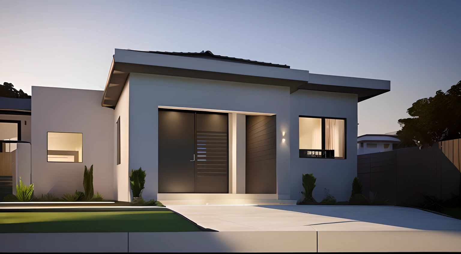 There is a white house with a black door and a green lawn, Renderizado no Lumion Pro,((night ligthning)), lumion rendering, high-quality render, luxcore render, lumion rendering, Symmetrical front, lumion rendering, 3D-rendering, 3D rendering, architectural 3 d render, architectural visualisation, Photorealistic rendering, design exterior, casa contemporanea, architectural render, renderizado