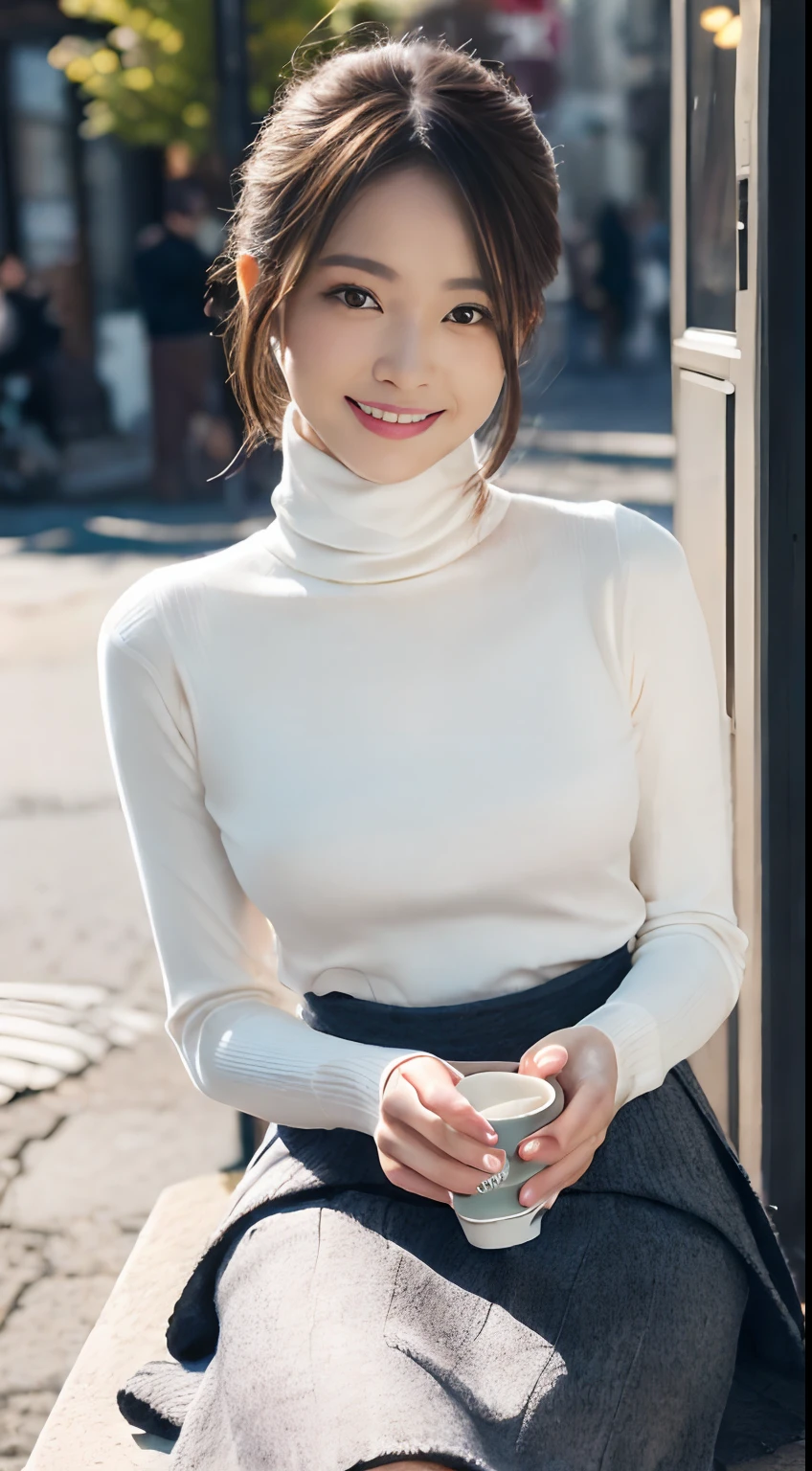 (Sit in front of the café:1.4),Best Quality, 1girll, (skin indentation), (Slender models:1.2), (blur backgroun:0.6), (Street:1.2), (People, Crowd of:1), Sonoko, day, plein air, (Casual Fashion, elegant fabric, Turtleneck knitwear,skirt by the:1.5), Gorgeous, (Random hairstyle:1.2), (Floating hair:1.2), (Dynamic Pose:1.2), Soft lighting, Wind, (Front light:1.5),  makeup,(Natural smile:1.2),cowboy  shot