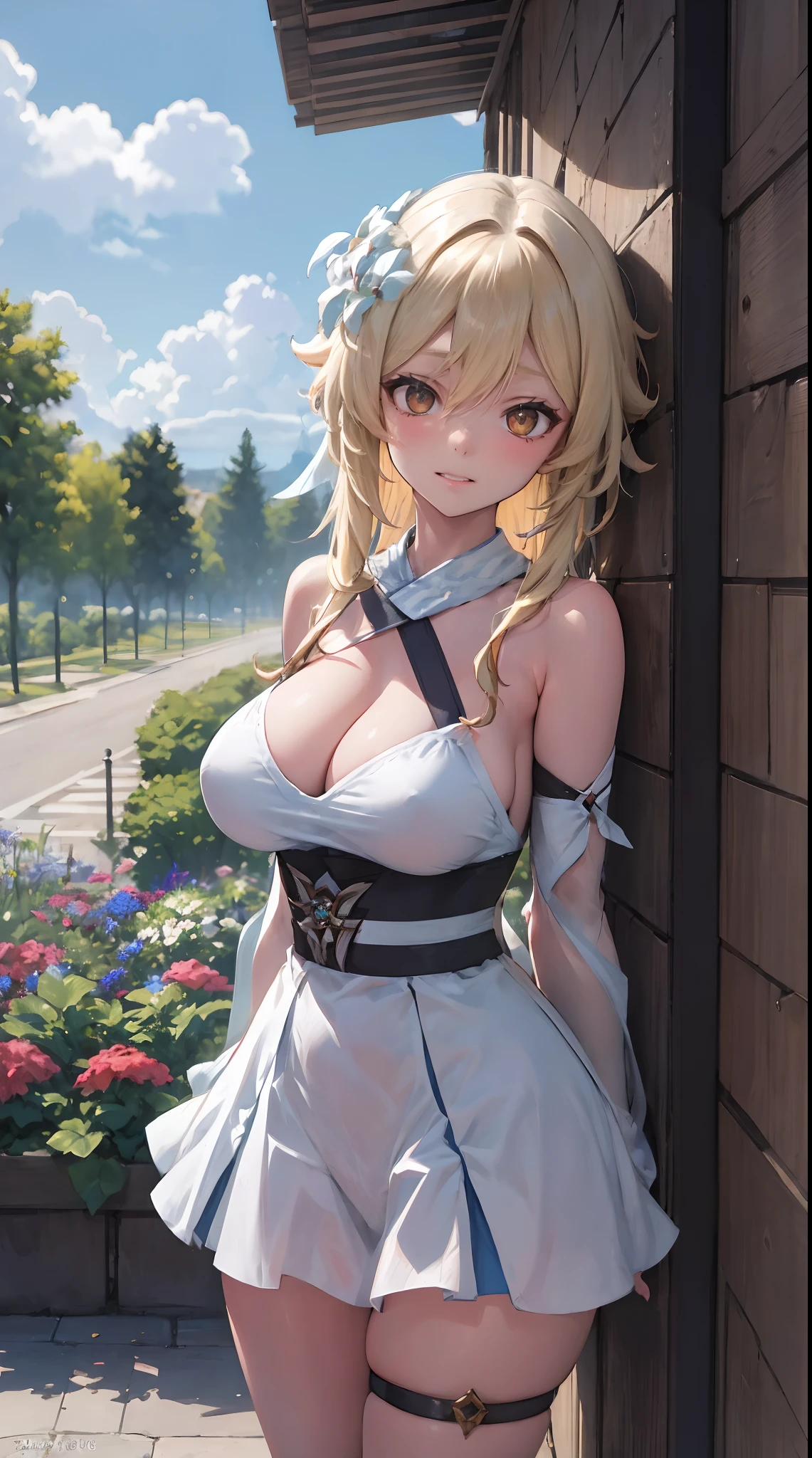 Lumine | genshin impact, master-piece, bestquality, 1girls,25 years old, proportional body, proportional., long-haired, Hanbok, gigantic breasts, ,bara, choker, Standing in the middle of a flower garden, outdoor, The sky is beautiful, arm behind back, against wall, View viewers from the front., Thigh strap, Head tilt, bored, 10, 10, HD, slight smile,