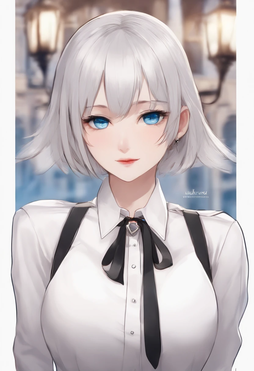 1girl in, Solo, Silver hair, Rabbit ears, Blue eyes, Wings, Looking at Viewer, Bangs, Short hair, spiked collar, White collar, Hair Bow, , Closed mouth, Shirt, White shirt, bob cuts, Portrait, makeup, Upper body, city in background, Big breasts, dripping、Pekora Usuda