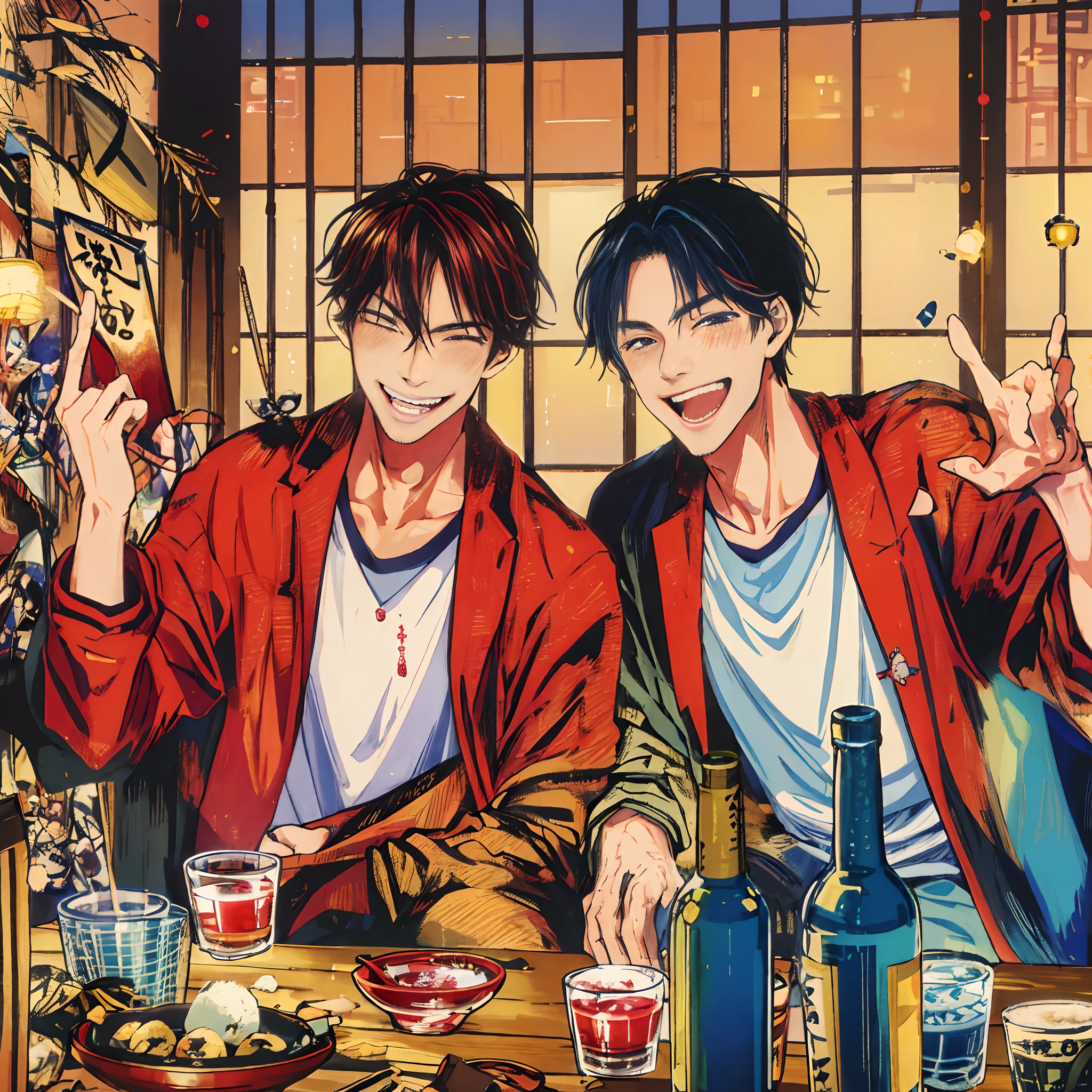 masterpiece, best quality, Izakaya, party, bar, sake, drunk, smile, gay male relations