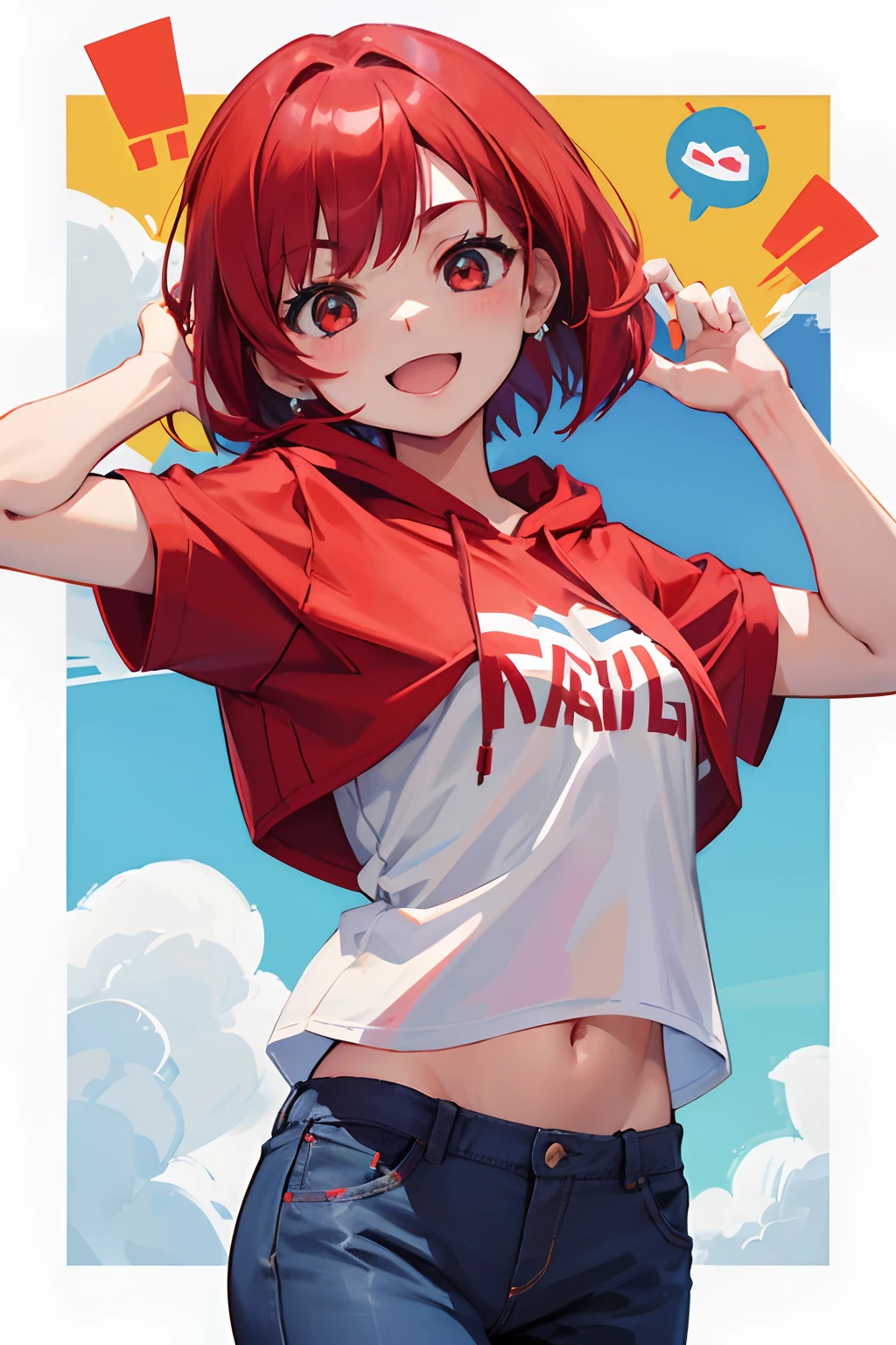 Girl with red medium bob hair、、One Woman、full bodyesbian、The upper part of the body:0.7、from the front side、Navel Ejection、Cheerful smile、medium chest、white t-shirts、Red hoodie、Blue Hot Pants、Do not photograph hands、top-quality