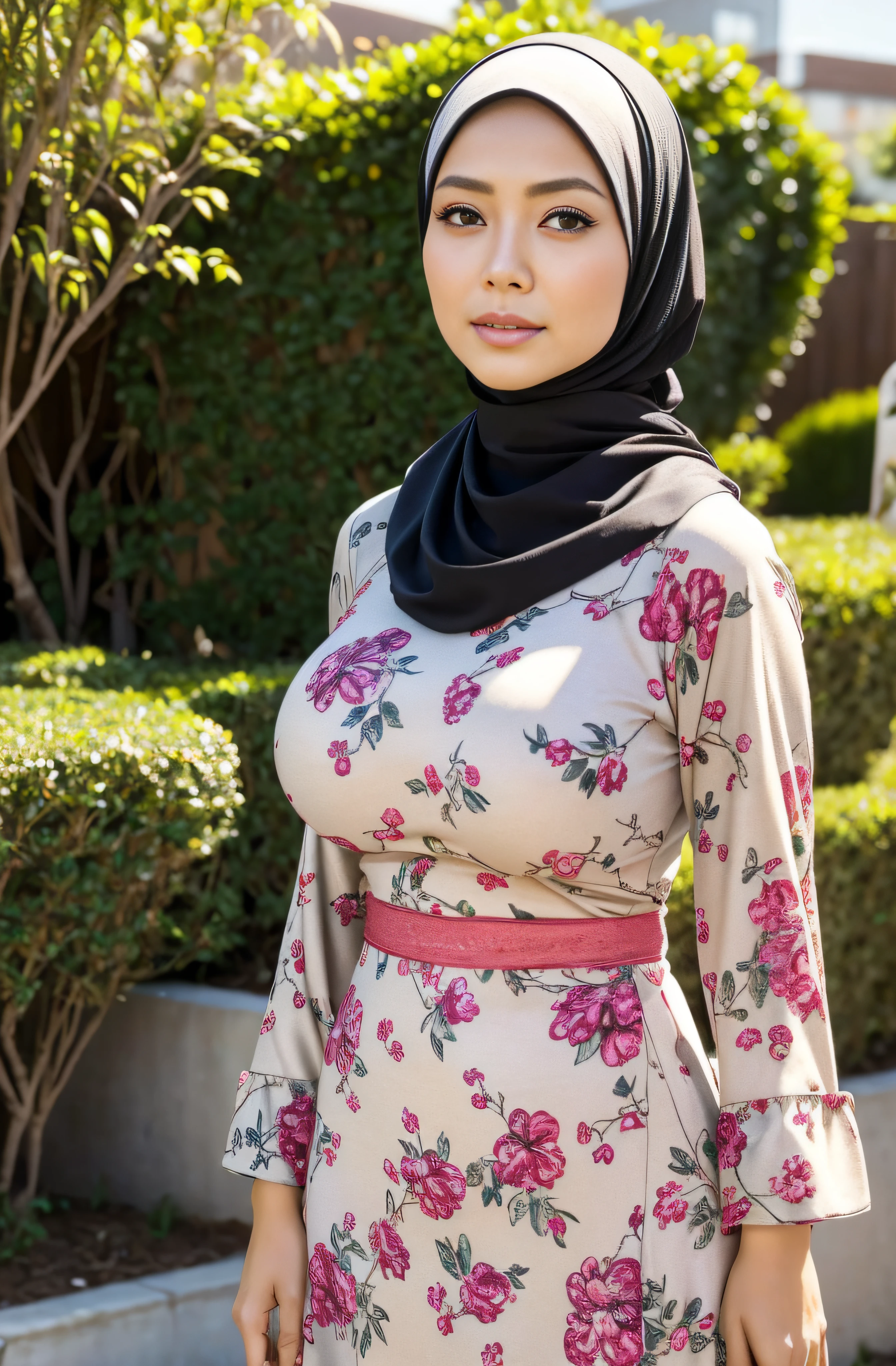 RAW, Best quality, high resolution, masterpiece: 1.3), beautiful Malay woman in hijab,Masterpiece, perfect slim fit body, (Huge breasts), big gorgeous eyes, Soft smile, Delicate turtleneck print sun dress, necklace, shairband, afternoon walk, City garden, Excellent lighting, Bright colors, Clean lines