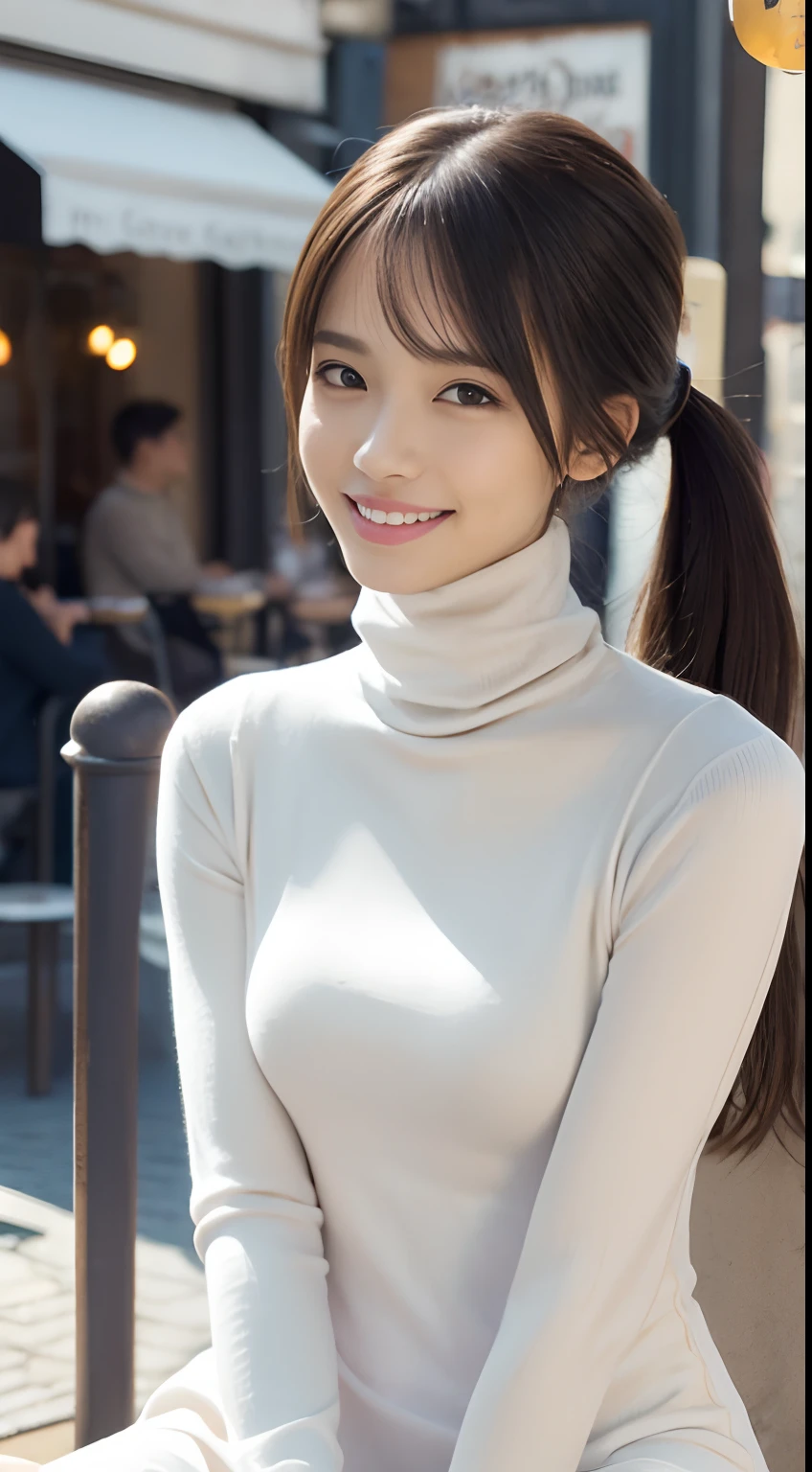 (Sit in front of the café:1.4),Best Quality, 1girll, (skin indentation), (Slender models:1.2), (blur backgroun:0.6), (Street:1.2), (People, Crowd of:1), Sonoko, day, plein air, (Casual Fashion, elegant fabric, turtleneck dress:1.5), Gorgeous, (Random hairstyle:1.2), (Floating hair:1.2), (Dynamic Pose:1.2), Soft lighting, Wind, (Front light:1.5), makeup,(Natural smile:1.2)
