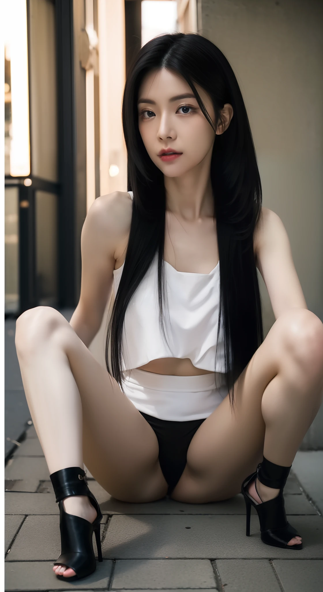 ((top-quality、8K、Super masterpiece:1.3))、1womanl、Sunnyday、Focus:1.2、perfect body type:1.4、Slender Abs:1.2、(Long straight black hair、Big:1.8)、(Street:1.8)、Highly detailed facial and skin texture、Detailed eye、二重まぶた、bokeh feeling、Sitting on the ground、troubled look:1.6、Sad face、Body facing the camera、Open your legs and bend your knees、 The hidden shape is clear、 the shape of the female genitalia is clearly visible、Facing forward、 M-shaped legs:2.8、wide open the crotch、Bend your knees、Red sexy lingerie、(Legs wide open)、Open the crotch、Lift your buttocks to the limit、Wearing pin heels、 Wearing high heels、