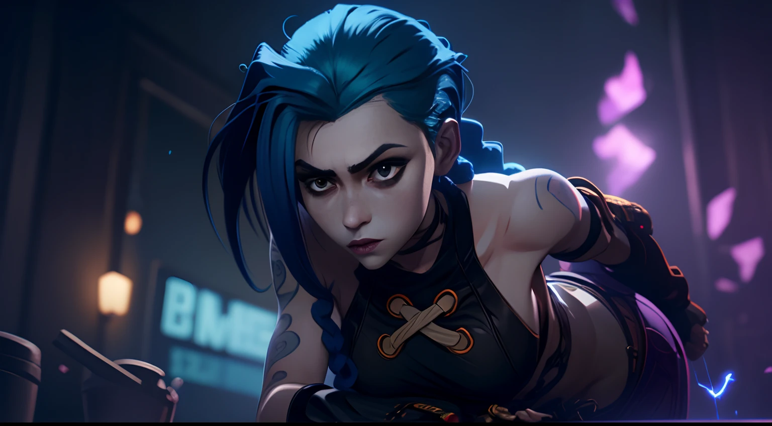 Jinx's character design, sexypose, Erotica, bare breast, teats, Beautiful figure,  butt, kitty, Arcane's Jinx, Holding a sparkling and glowing box in his hands, Bright blue and purple sparks all around, glowing eyes, Pink glowing eyes, hairlong, hairsh, braided into long braids, Pigtails hang below the knee, Hair color changes from bright blue to navy blue, Dressed in brown breeches, Leather boots on the feet, Top with four gold circles on the chest in the middle of the chest, Blue cloud tattoos on shoulders and waist, Long bangs, hanging on the right side, Belt with cartridges on the belt, A pistol in a holster on his left leg, Arcane style, extremely detailed CG unity 8k wallpaper, detailed light, Cinematic lighting, chromatic aberration, glittering, expressionless, epic composition, dark in the background, Cherecter Desing, Very detailed, Detailed body, Vibrants, Detailed Face, sharp-focus, anime art, Vibrants, Detailed Face, Hugh Details, sharp-focus, Very drooping face, A detailed eye, super fine illustration, better shadow, finely detail, Beautiful detailed glow, Beautiful detailed, Extremely detailed, expressionless, epic composition,