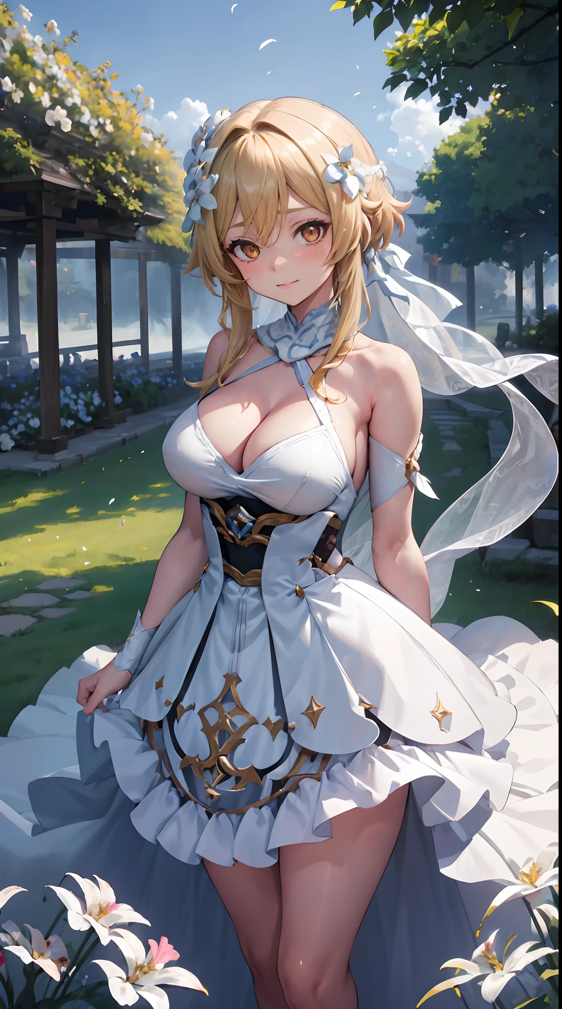 Lumine | genshin impact, master-piece, bestquality, 1girls,25 years old, proportional body, Long silky hair, proportional., Wedding Dresses, White Wedding Dress, wedding, gigantic breasts, ,bara, choker, Standing in the middle of a flower garden, outdoor, The sky is beautiful, arm behind back, View viewers from the front., Thigh strap, Head tilt, bored, 10, 10, HD, slight smile,