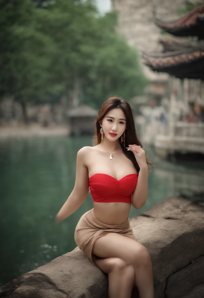 Asian Women,tmasterpiece,Highest Quality,Photorealistic realism,Tremendously beautiful,Very detailed,The characteristics of women are clear,Colossal tits,Full body display,wearing Short skirt,Plate Hair,1 woman