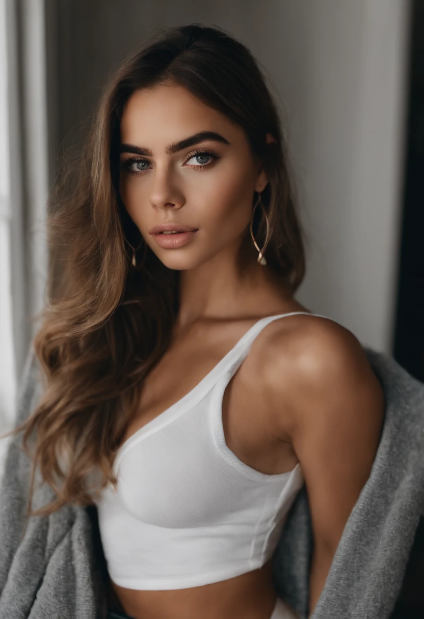 Mujer con camiseta sin mangas y bragas a juego, Chica sexy con ojos azules, Retrato Sophie Mudd, Retrato de Corinna Kopf, cabello rubio y ojos grandes, selfie de una mujer joven, Maquillaje OHNE, Maquillaje natural, looks directly at camera, Cara con Artgram, dezentes Maquillaje, Gran foto de cuerpo entero, in the room, senos grandes, rubio, latina