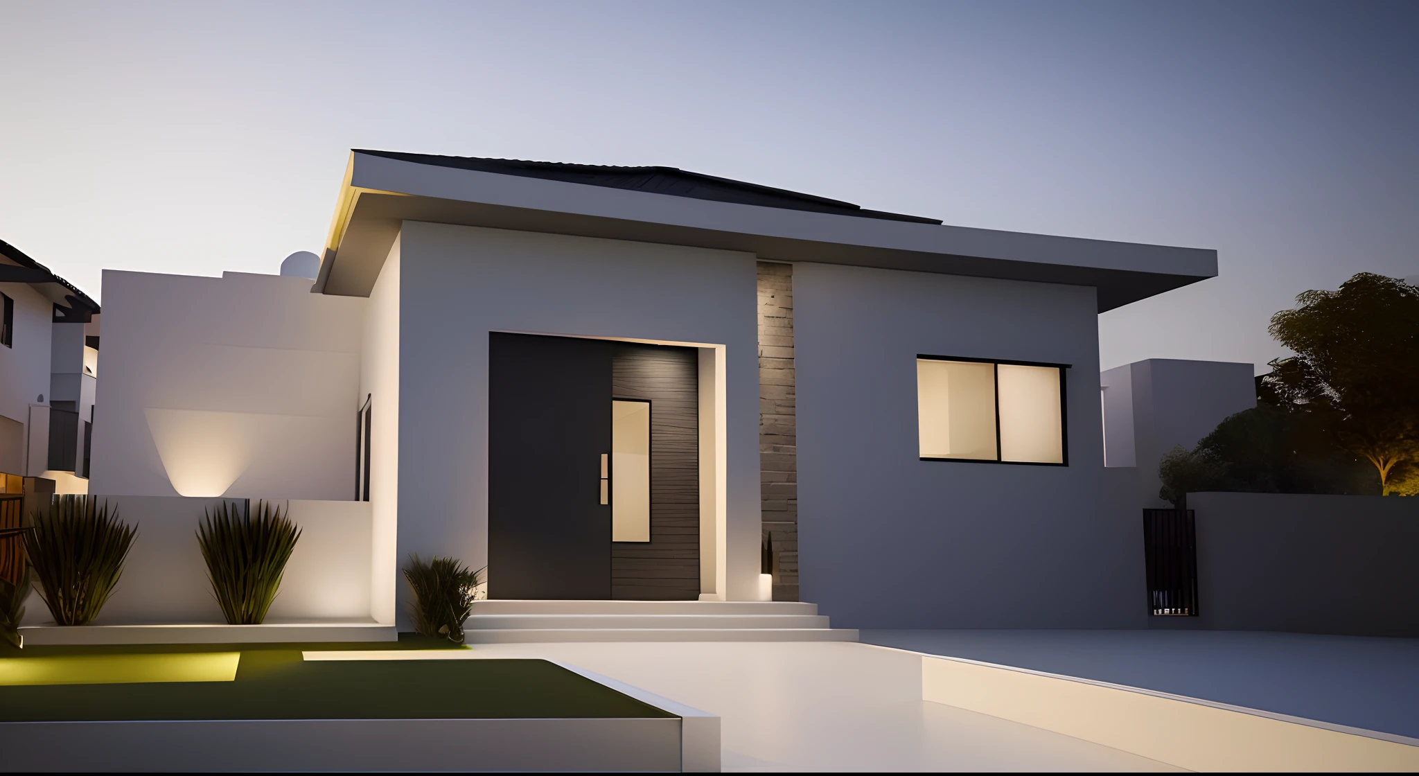 There is a white house with a black door and a green lawn, Renderizado no Lumion Pro,((night ligthning)), lumion rendering, high-quality render, luxcore render, lumion rendering, Symmetrical front, lumion rendering, 3D-rendering, 3D rendering, architectural 3 d render, architectural visualisation, Photorealistic rendering, design exterior, casa contemporanea, architectural render, renderizado