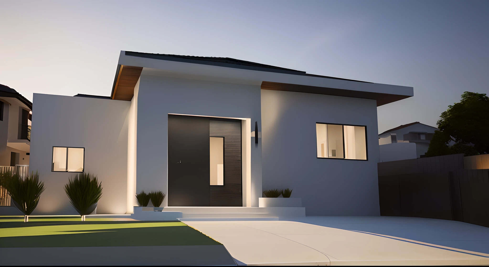 There is a white house with a black door and a green lawn, Renderizado no Lumion Pro,((night ligthning)), lumion rendering, high-quality render, luxcore render, lumion rendering, Symmetrical front, lumion rendering, 3D-rendering, 3D rendering, architectural 3 d render, architectural visualisation, Photorealistic rendering, design exterior, casa contemporanea, architectural render, renderizado