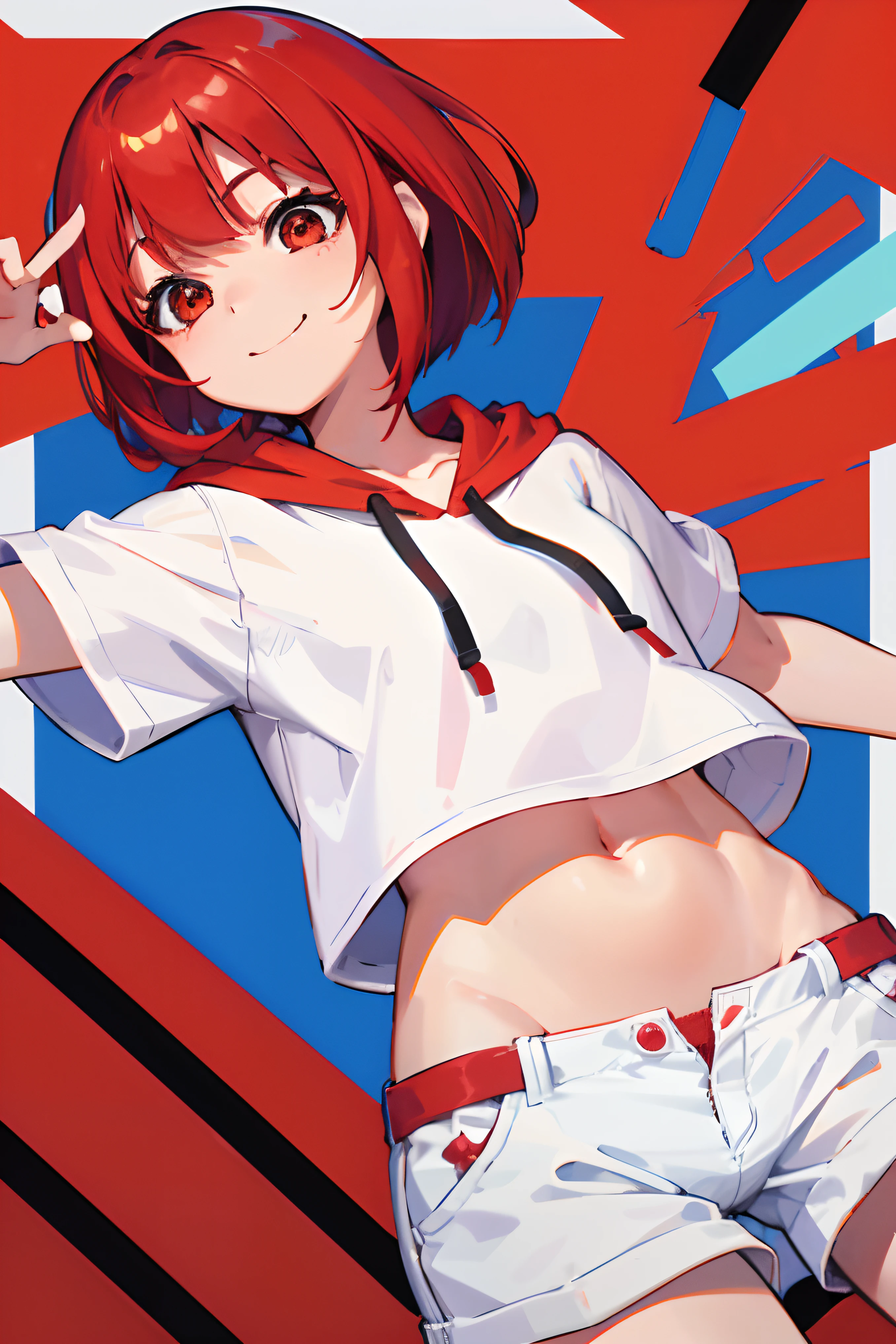 Girl with red medium bob hair、、One Woman、full bodyesbian、The upper part of the body:0.7、from the front side、Navel Ejection、Cheerful smile、medium chest、white t-shirts、Red hoodie、Blue Hot Pants、Do not photograph hands、top-quality