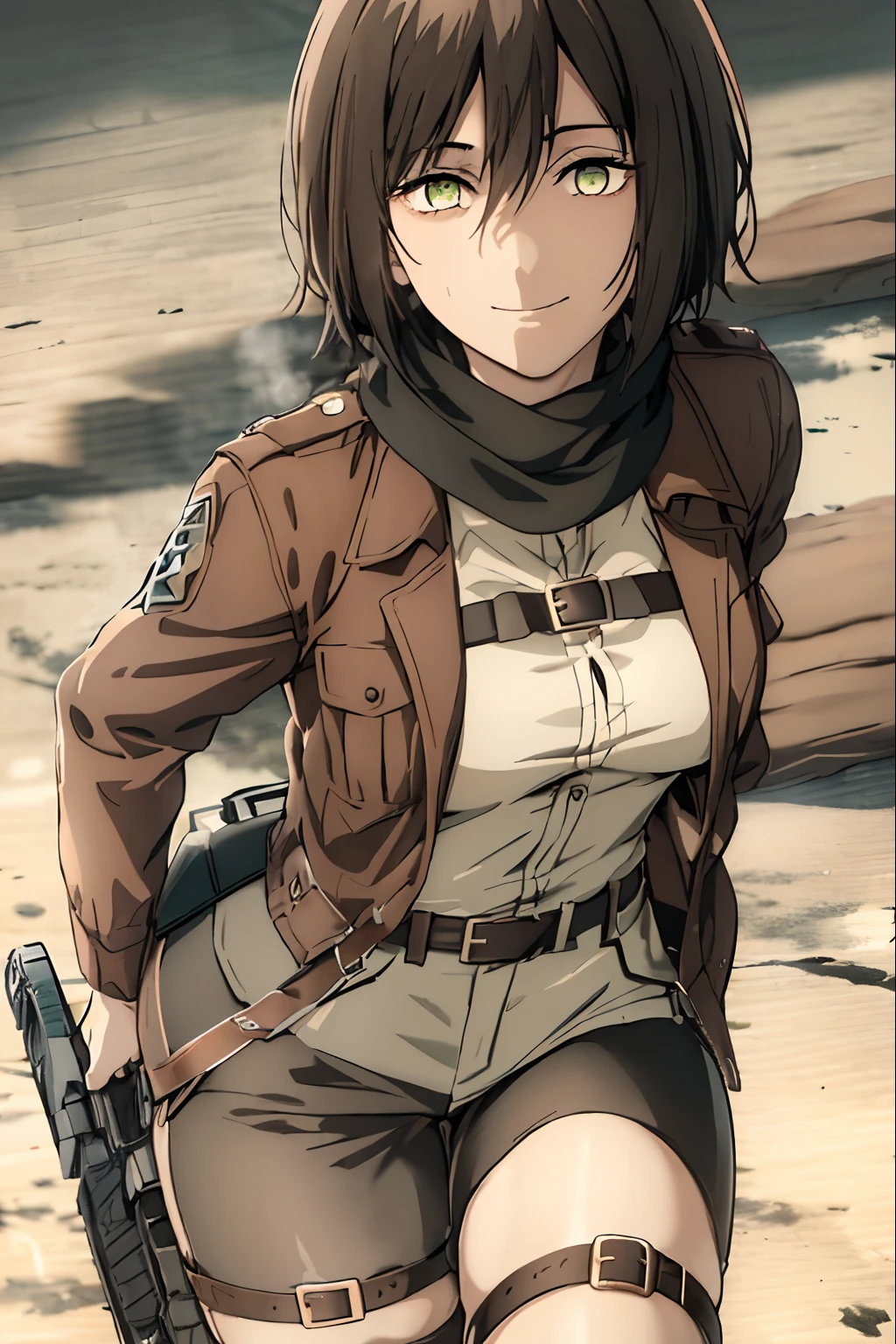 aot style, shingeki no kyojin, 

mikasa ackerman, 

1girl, arm strap, bangs, black hair, black pants, breasts,  shot, embers, green eyes, grey background, hair between eyes, harness, long sleeves, looking at viewer, medium breasts, pants, red scarf, scarf, shirt, short hair, smoke, solo, thigh strap,  brown jacket, white shirt, survey corps \(emblem\)

, ((masterpiece)), best quality
,i