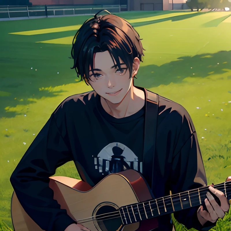 (best qualtiy,tmasterpiece:1.1),(fidelity:1.4),30 years old man, plays the guitar, Smile, Sit on the field、A dark-haired、open forehead、short-haired、Black Long Sleeve T-Shirt