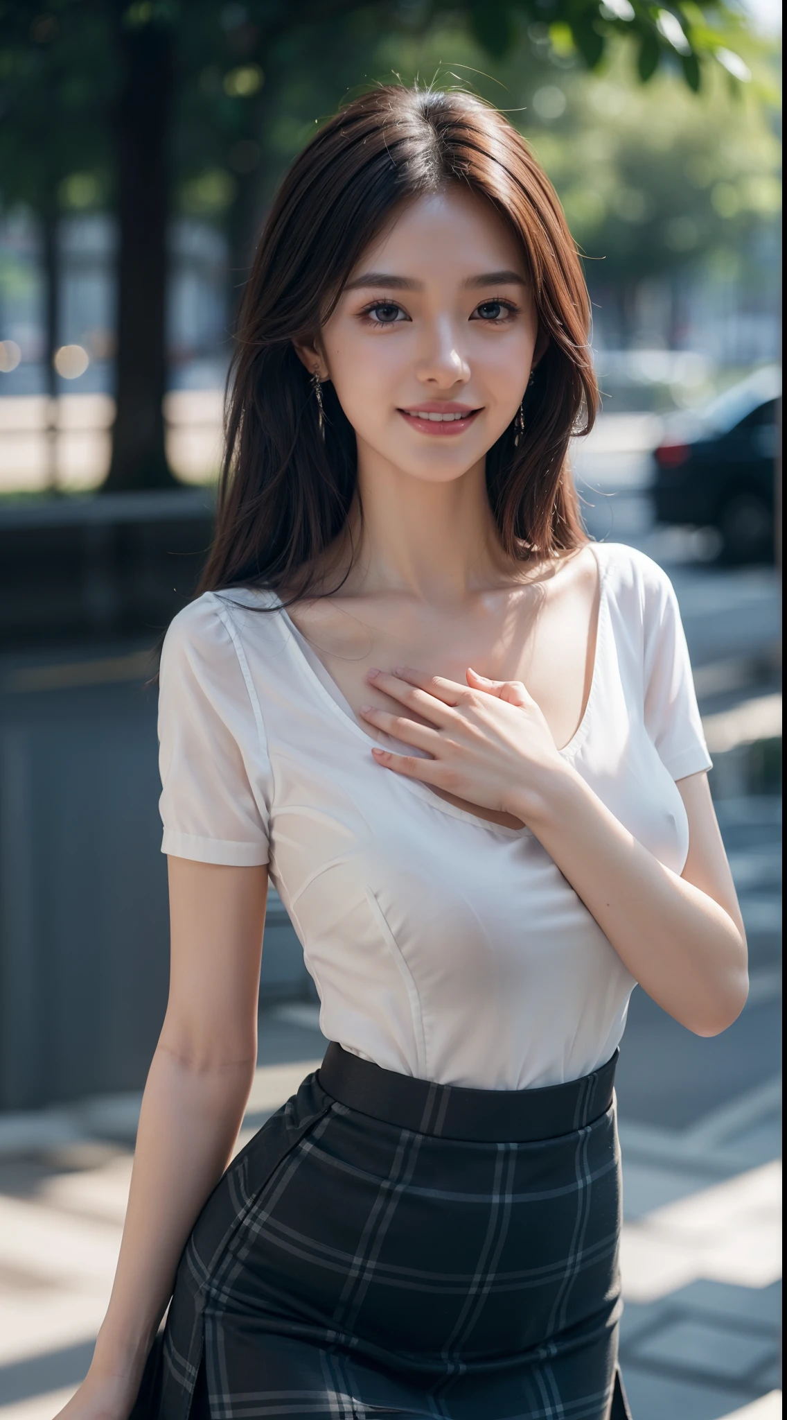 8k, masterpiece, RAW photo, best quality, photorealistic, extremely detailed CG unity 8k wallpaper, Depth of field, Cinematic Light, Lens Flare, Ray tracing, (extremely beautiful face, beautiful lips, beautiful eyes), intricate detail face, ((ultra detailed skin)) 1girl, in the dark, deep shadow, pretty Asian girl, idol, 1 girl, (very slim slender fit-muscled body:1.3), ((looking at viewer)),(big smile:1.3), ((laced blouse)), (short sleeve) , (daylight big buildings, tree, (blurred background) cityscape, rooftops, beautiful earrings, clear eyes, (pale skin), (big eyes), face forward, (brown hairs),((plaid skirt)), (looking at viewer:1.3), (open breast), (very slim), medium breasts, thick thighs, medium butts