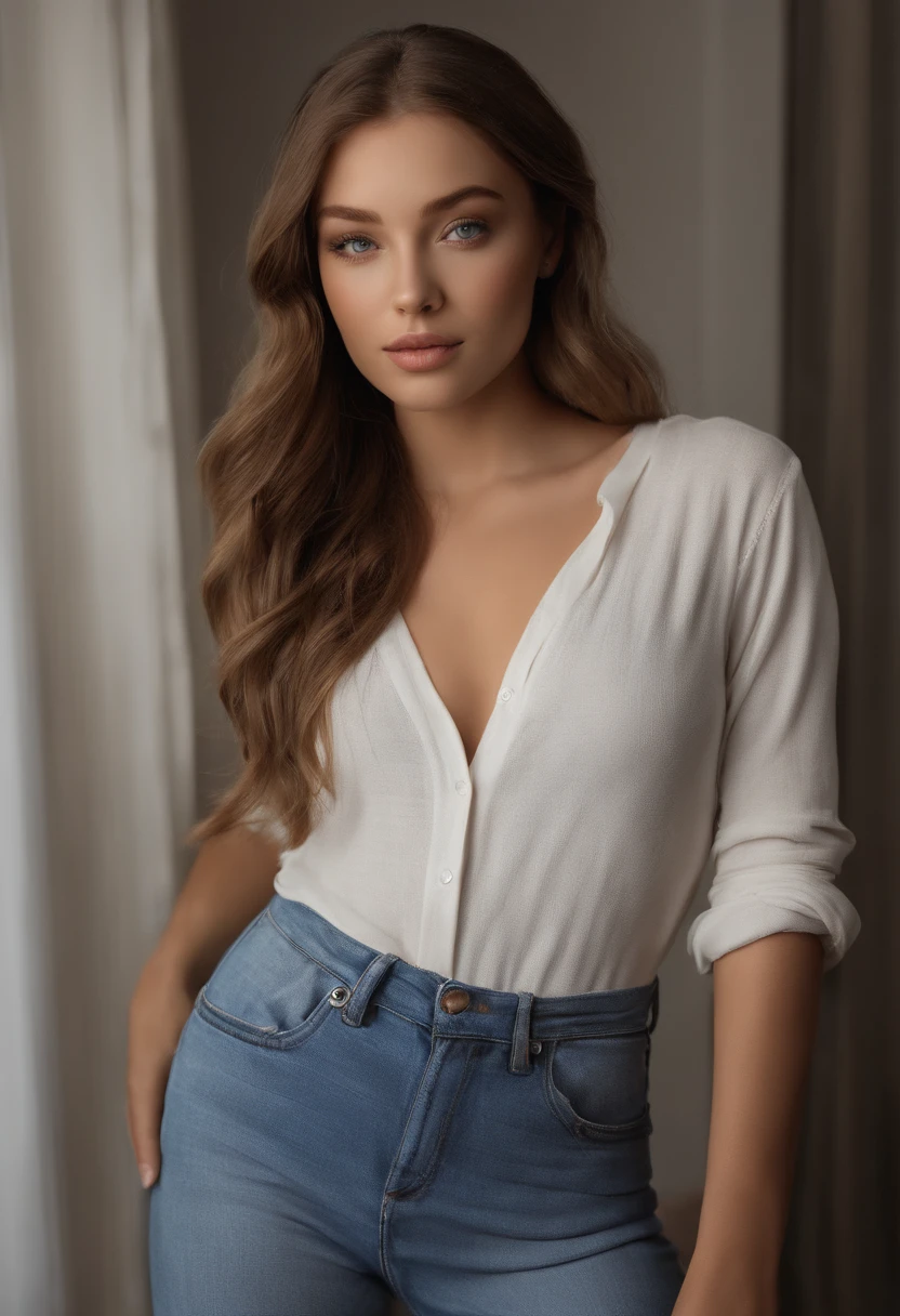 Arafed woman in full , Sexy girl with brown eyes, Ultra realist, Meticulous detail, portrait sophie mudd, brown hair and large eyes, selfie of a young woman, Dubai's Eyes, violet myers, no makeup, natural makeup, looking straight at camera, face with artgram, fine makeup, Excellent full body photography, kneeling on the bed, in a room, Medium to large bust