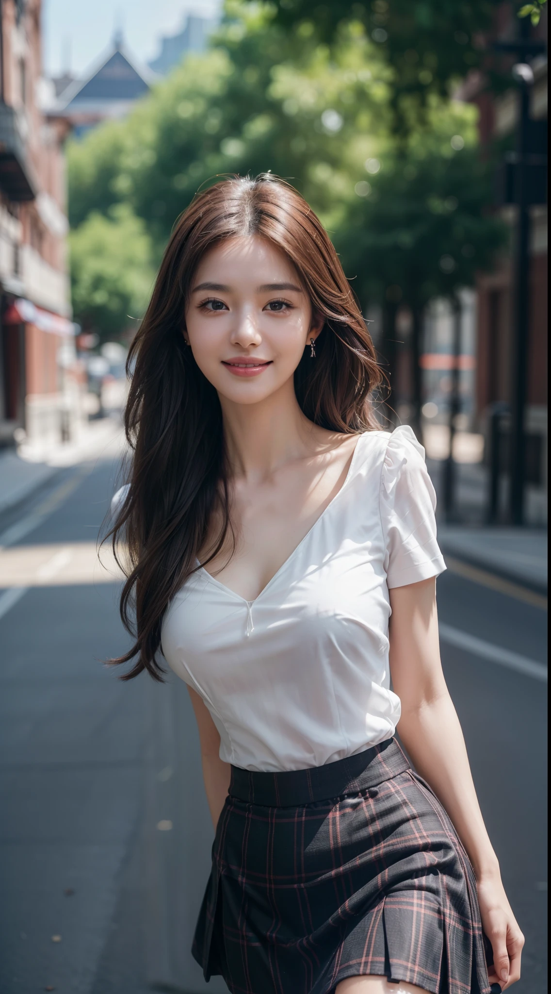 A perfect young female white-collar worker,Chinese,High picture quality,Works of masters,Black hair,Long hair flowing over the shoulders,Blured background,outside, Real Human,CG rendering,16k,depth of field, movie light, lens flare, Ray tracing, Stand up, smiles,Do not show your hands,Close-up shot