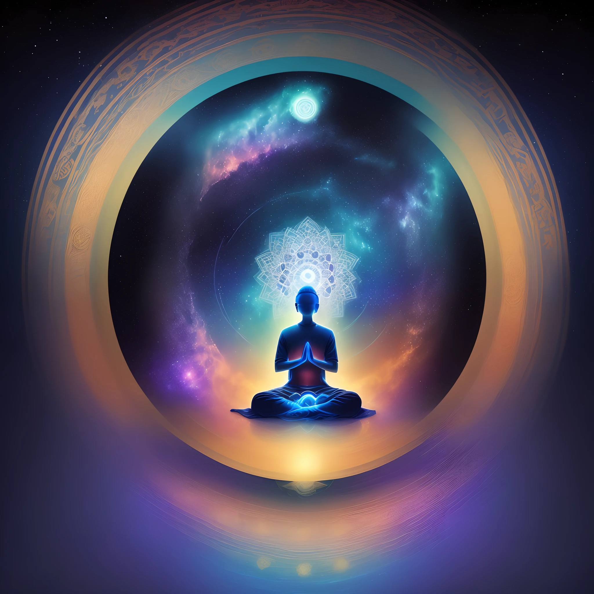 art work, galaxy sky, a man is meditating with lotus Night sky background, Deep sea background、((a Mandala)、Blue and light blue background, holographic texture, pastels, Fade effect, Abstract background