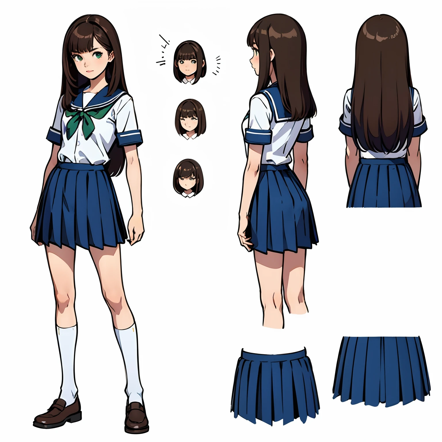 (masterpiece), best quality, (character design sheet, same character, full body, side, back), illustration, (beautiful detailed hair detailed face), ****ung girl, solo, perfect feminine face, very cute young girl, pose zitai, detailed design character, chesnut brown hair, left sided bangs, shorr length hair, green eyes, school uniform, (simple background, white background: 1.3)