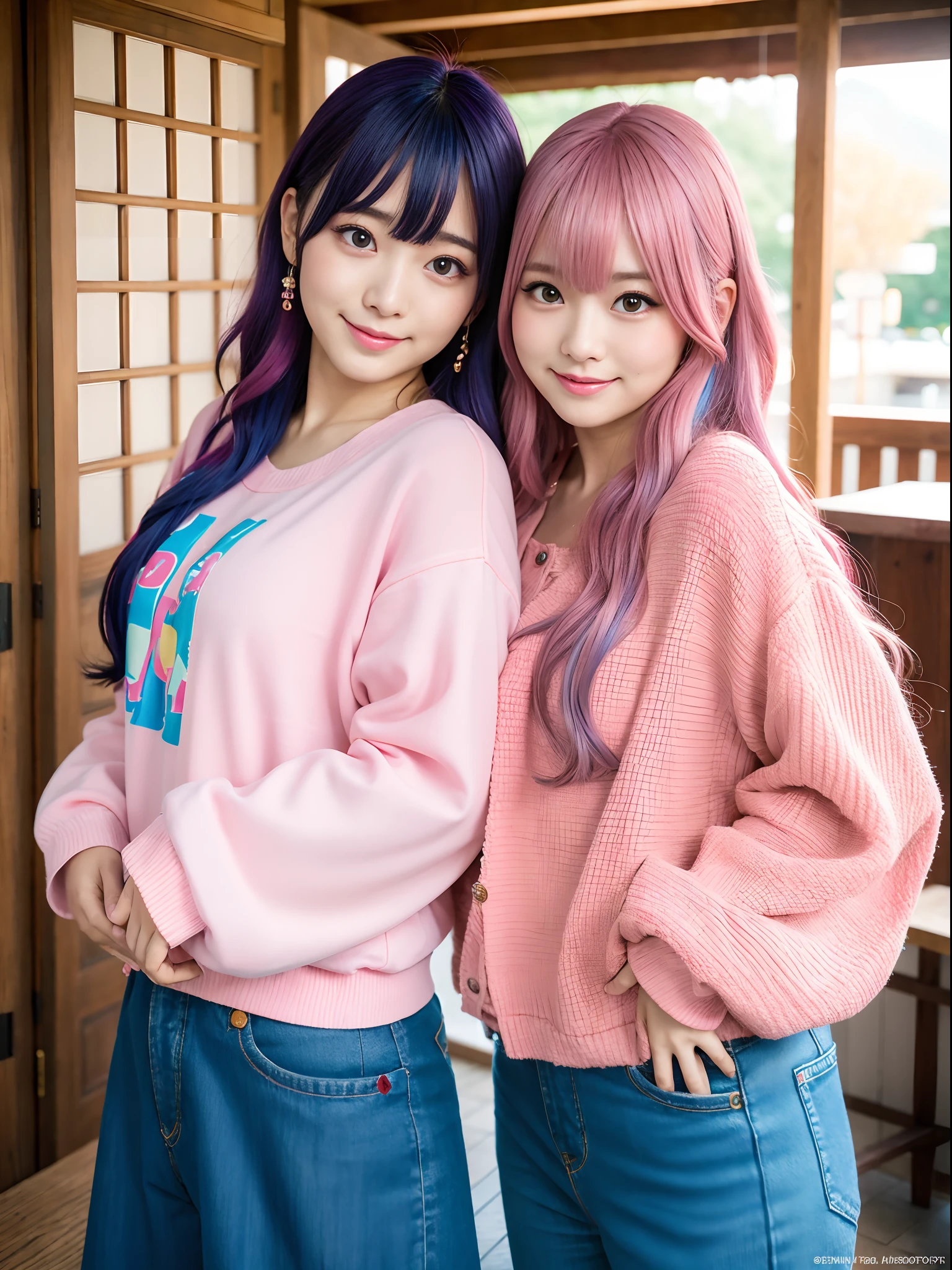 twinsies、kawaii、japanes、Big、pubick hair, colored inner hair, makeup, shy, blush, smirk, depth of field, Sony FE GM, UHD, highres, textured skin, super detail