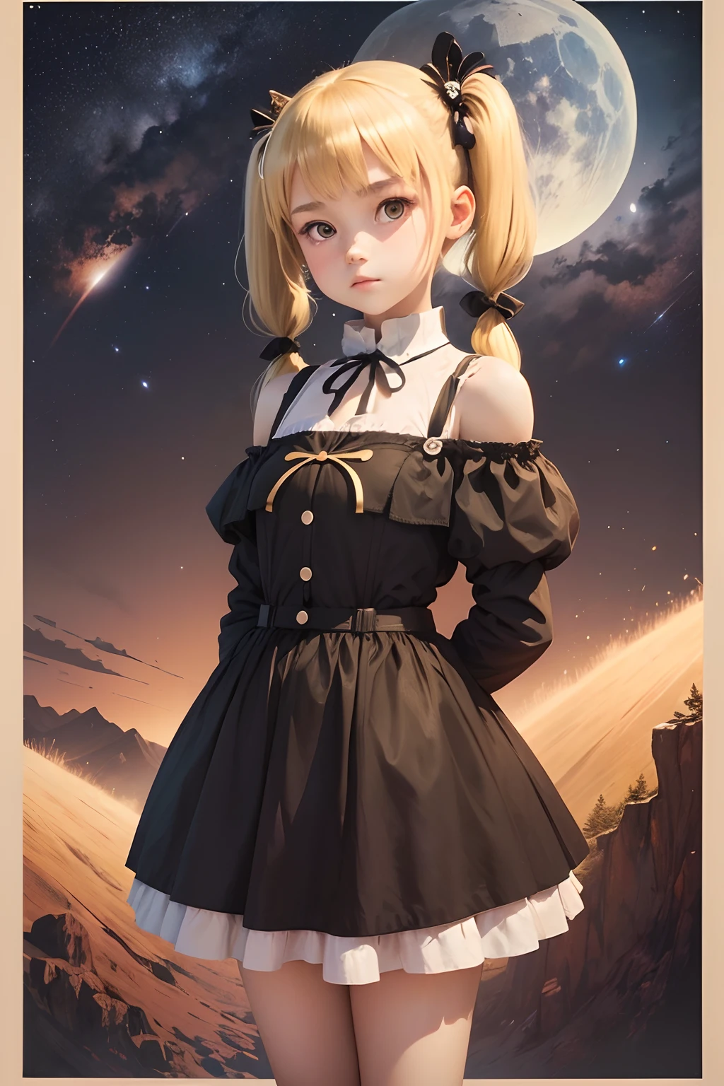 (masutepiece), (Best Quality), (Best Detail), (Distant general perspective), (Edgware Paper),(Off-the-shoulder maid dresses), (Secondary color: cinnamon), Group of very beautiful schoolgirls with sexy posture, Very detailed face, Vintage advertising poster with futuristic style letters 60', Western futuristic landscape, Night (many stars, Moon), shading (intergalactic,milkyway, A lot of contrast),(((Petite girl with blonde twin tails))),